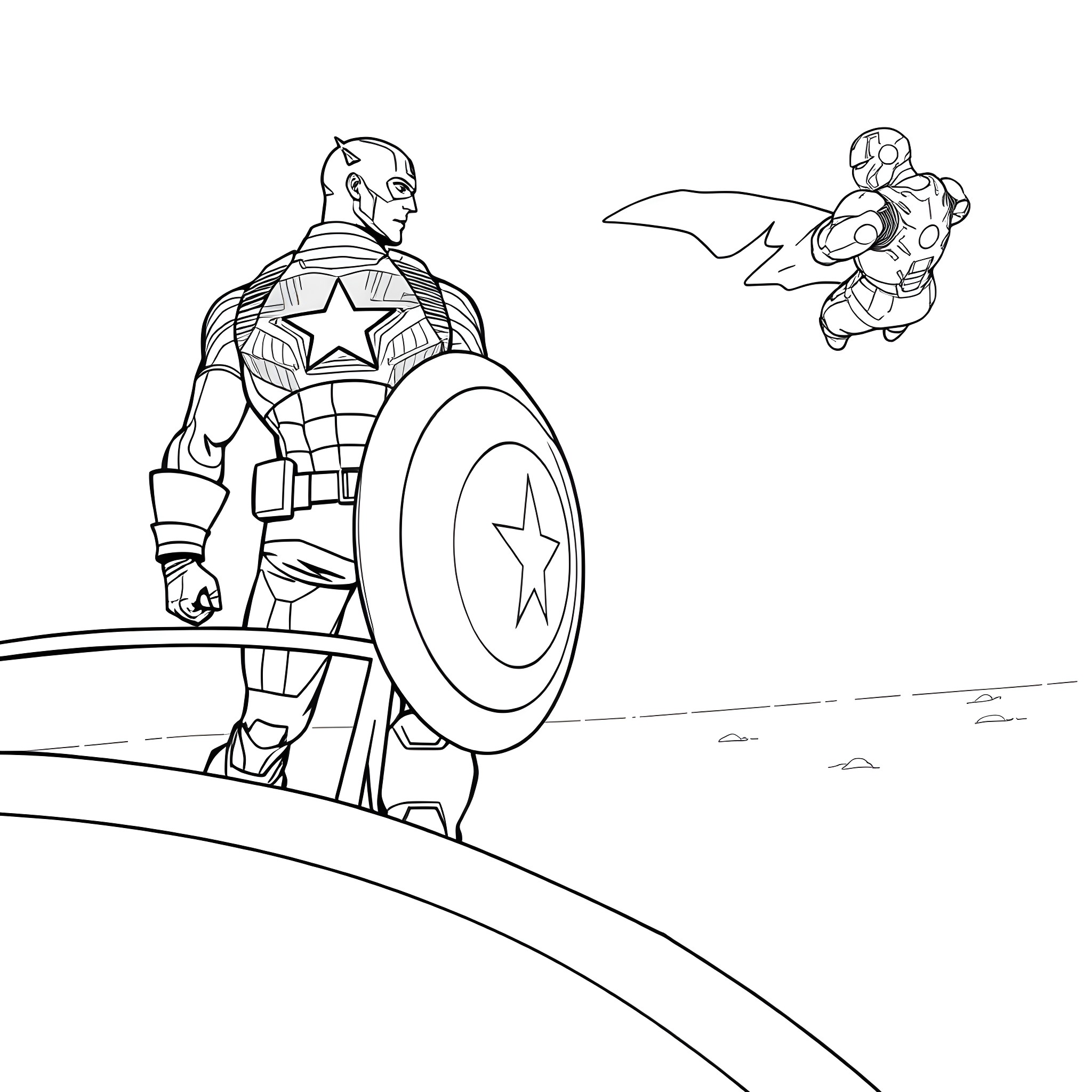 Captain America Shields the Hero's Path Coloring Page (free black-and-white line drawing printable PDF for all, from beginners to advanced learners, including children, teens, adults, and seniors)