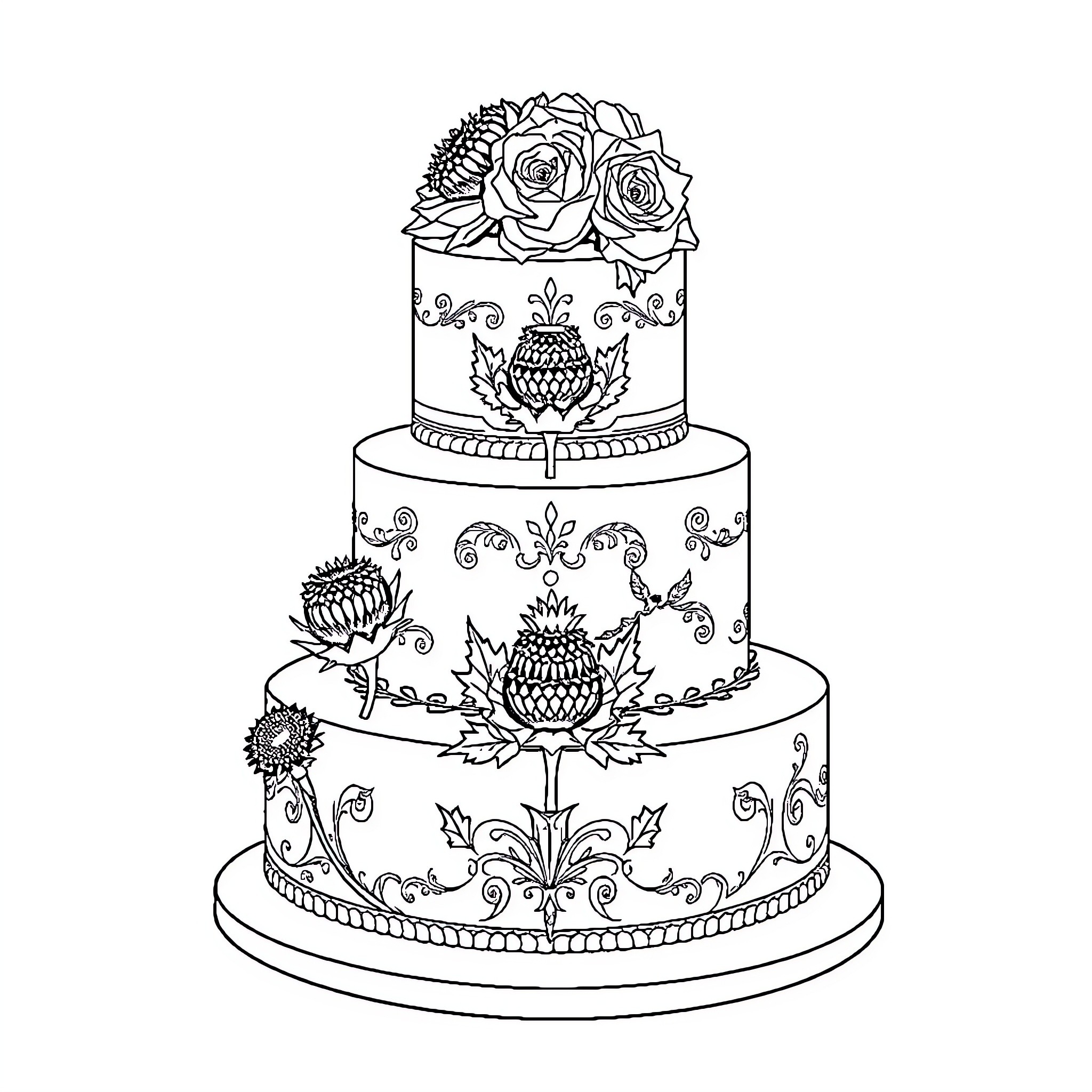 Wedding Cake with Ornate Floral Decorations Coloring Page (free black-and-white line drawing printable PDF for all, from beginners to advanced learners, including children, teens, adults, and seniors)