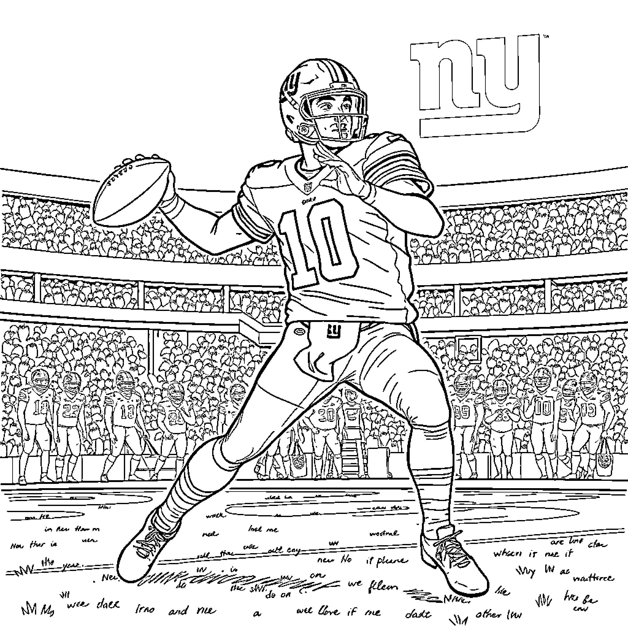 Jaxson Dart throwing a football in a stadium Coloring Page (free black-and-white line drawing printable PDF for all, from beginners to advanced learners, including children, teens, adults, and seniors)
