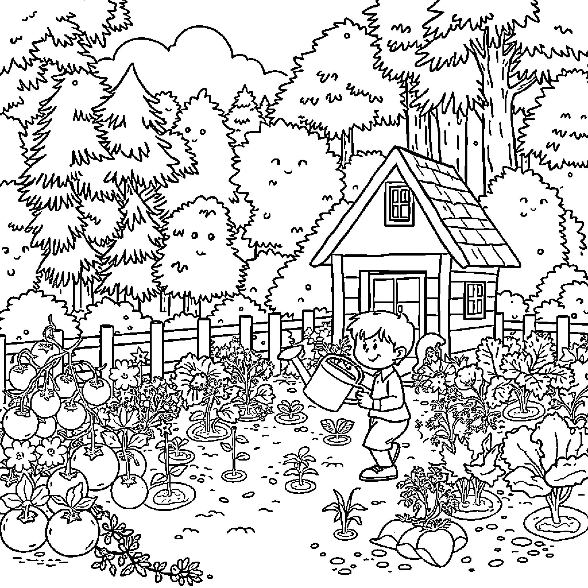 Boy Exploring the Lush Woodland Garden Coloring Page (free black-and-white line drawing printable PDF for all, from beginners to advanced learners, including children, teens, adults, and seniors)