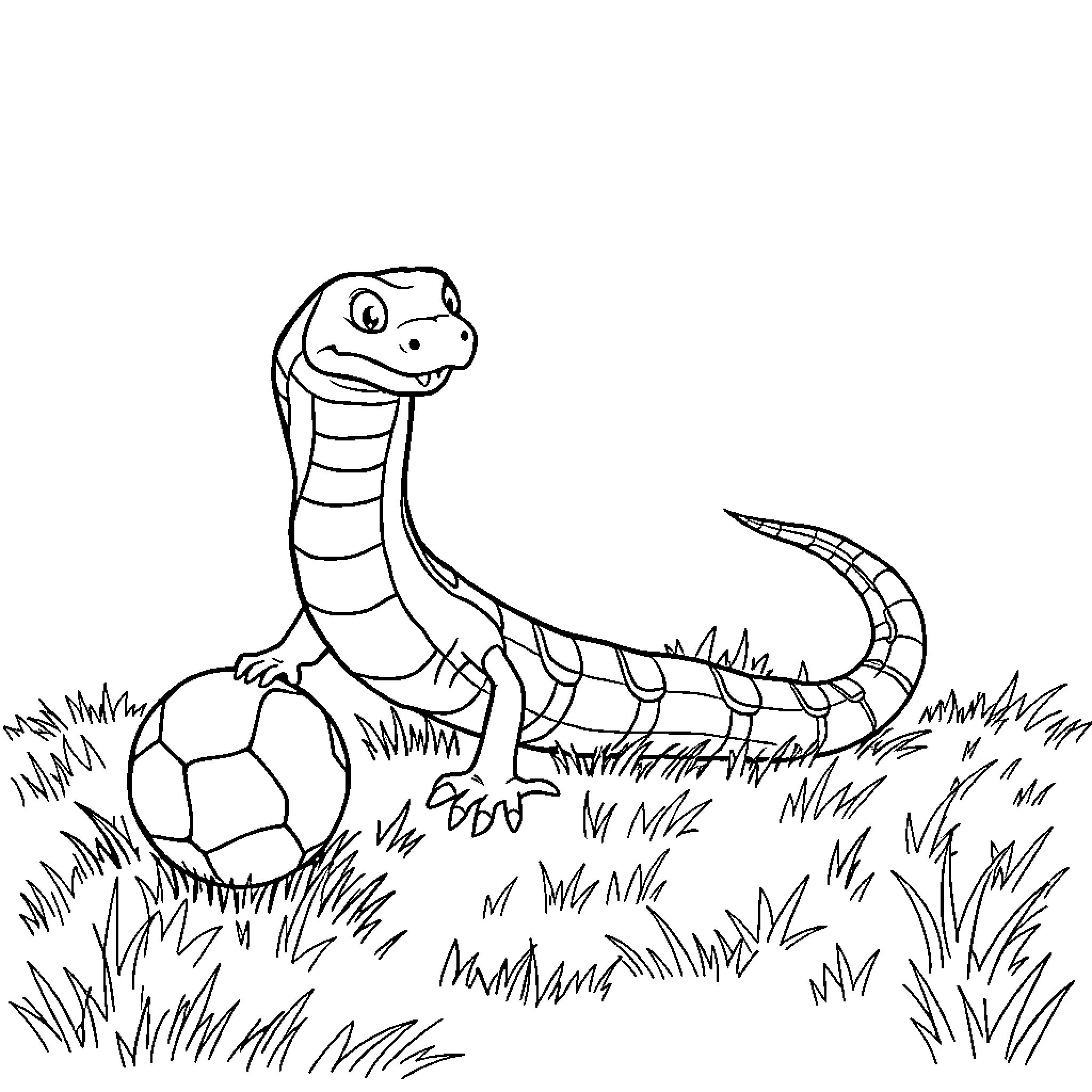 Snake playing with soccer ball in grass Coloring Page (free black-and-white line drawing printable PDF for all, from beginners to advanced learners, including children, teens, adults, and seniors)