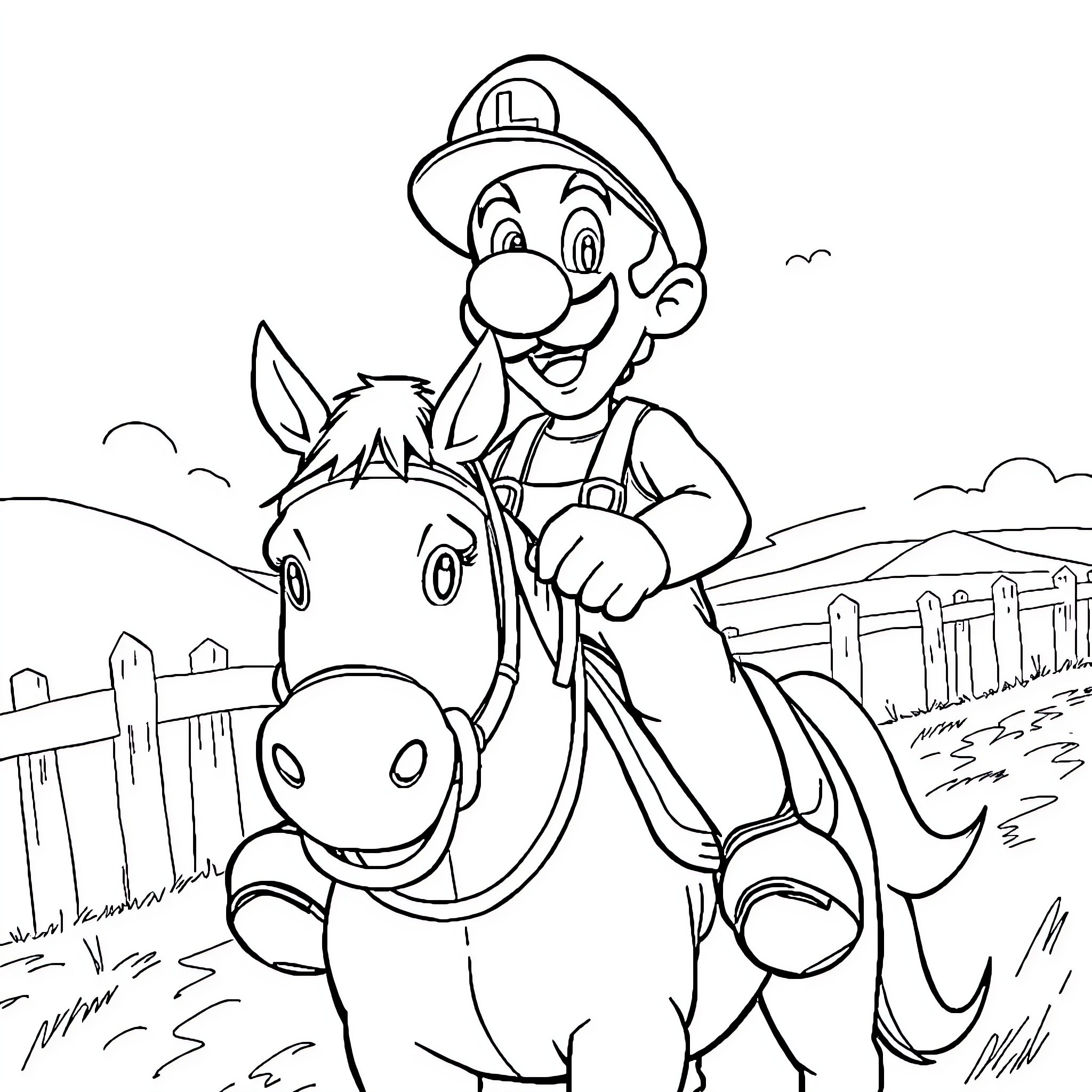 Luigi's Countryside Adventure with Horse Coloring Page (free black-and-white line drawing printable PDF for all, from beginners to advanced learners, including children, teens, adults, and seniors)