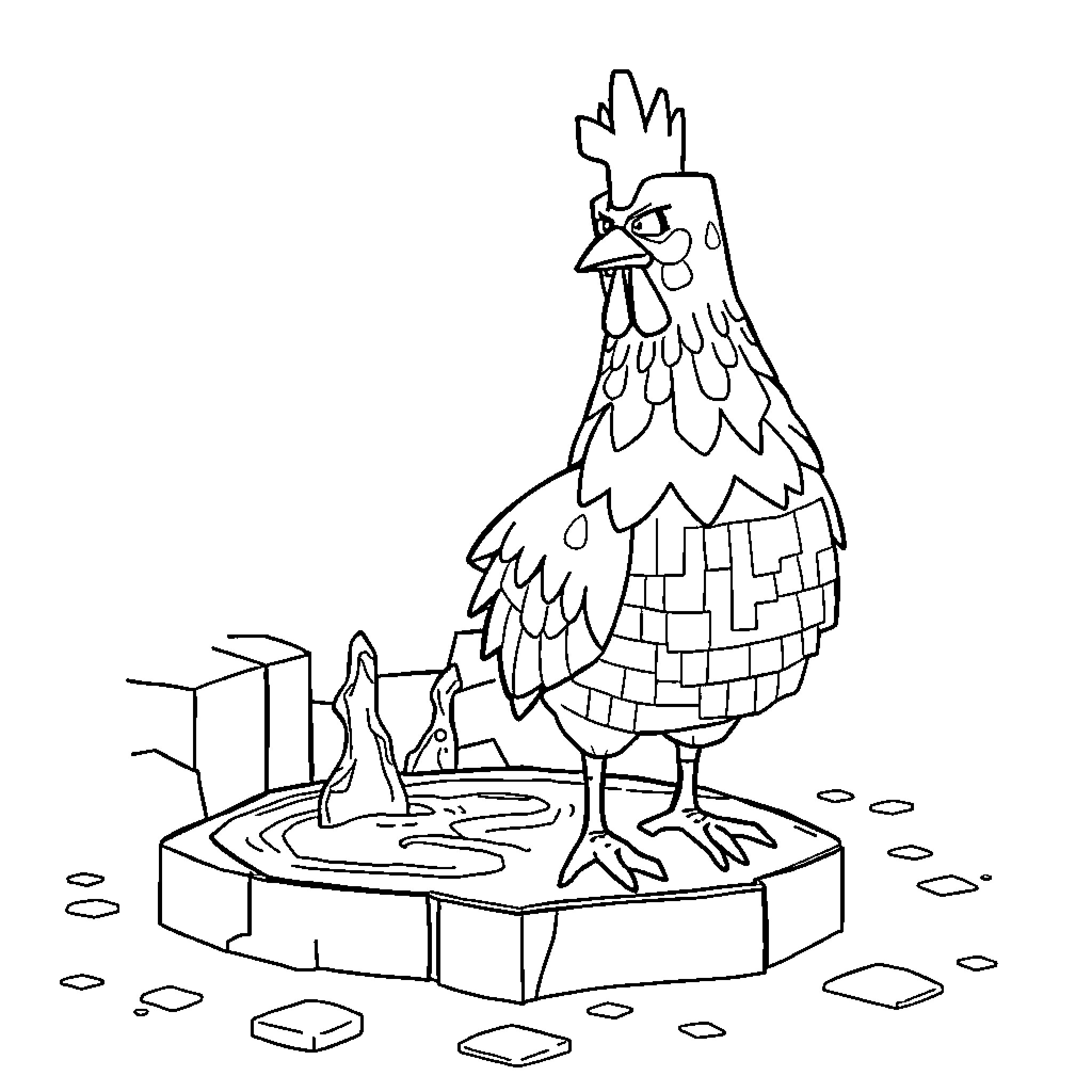 Chicken standing on a stone platform Coloring Page (free black-and-white line drawing printable PDF for all, from beginners to advanced learners, including children, teens, adults, and seniors)