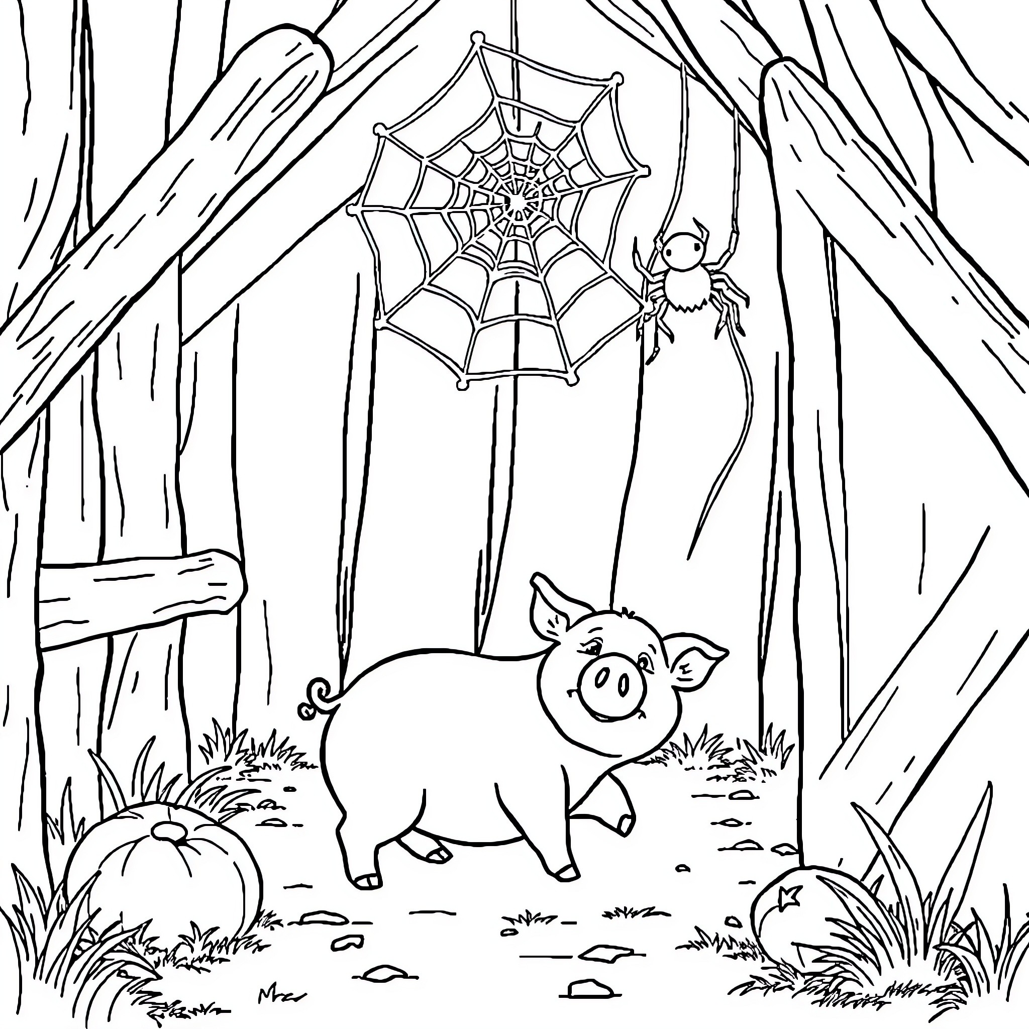 Pig exploring a spooky forest Coloring Page (free black-and-white line drawing printable PDF for all, from beginners to advanced learners, including children, teens, adults, and seniors)