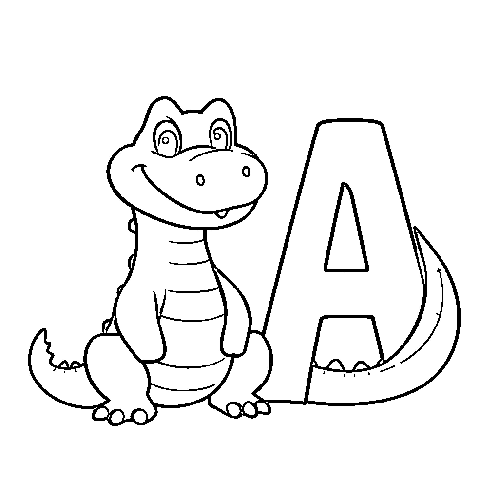 Alligator playing with letter A Coloring Page (free black-and-white line drawing printable PDF for all, from beginners to advanced learners, including children, teens, adults, and seniors)