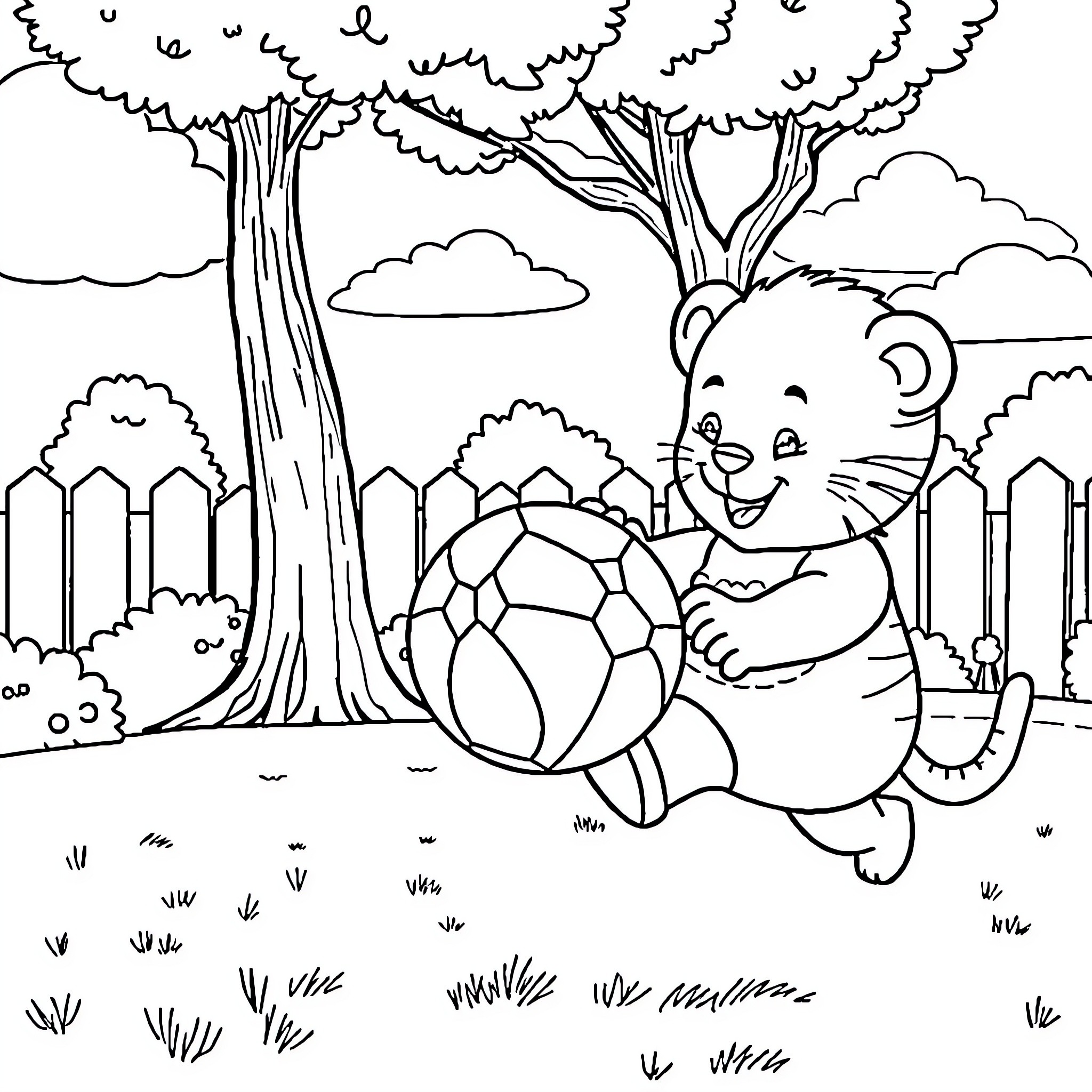 Bluey playing happily with a soccer ball in the park Coloring Page (free black-and-white line drawing printable PDF for all, from beginners to advanced learners, including children, teens, adults, and seniors)