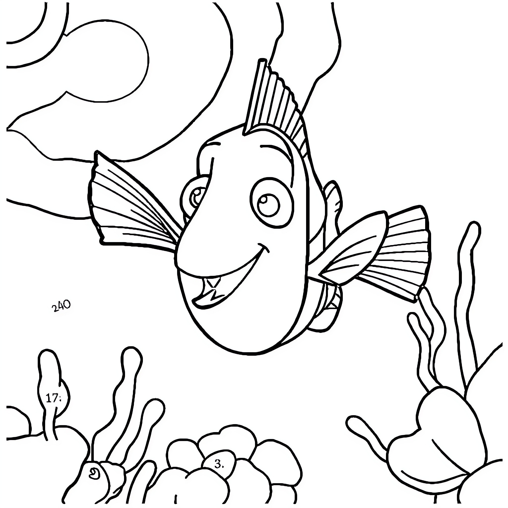 Nemo enjoying the underwater scenery Coloring Page (free black-and-white line drawing printable PDF for all, from beginners to advanced learners, including children, teens, adults, and seniors)