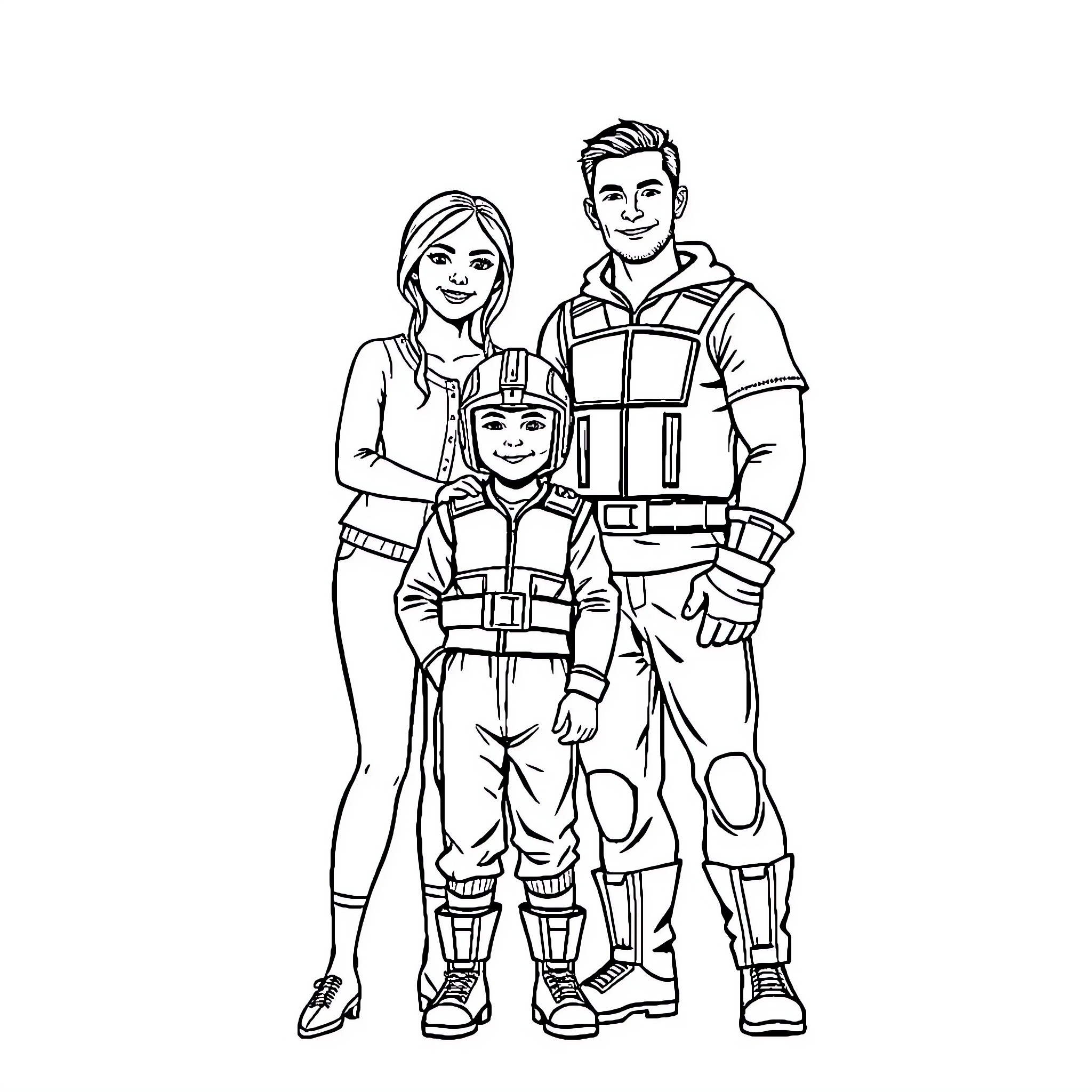Family in Outdoor Adventure Gear Coloring Page (free black-and-white line drawing printable PDF for all, from beginners to advanced learners, including children, teens, adults, and seniors)