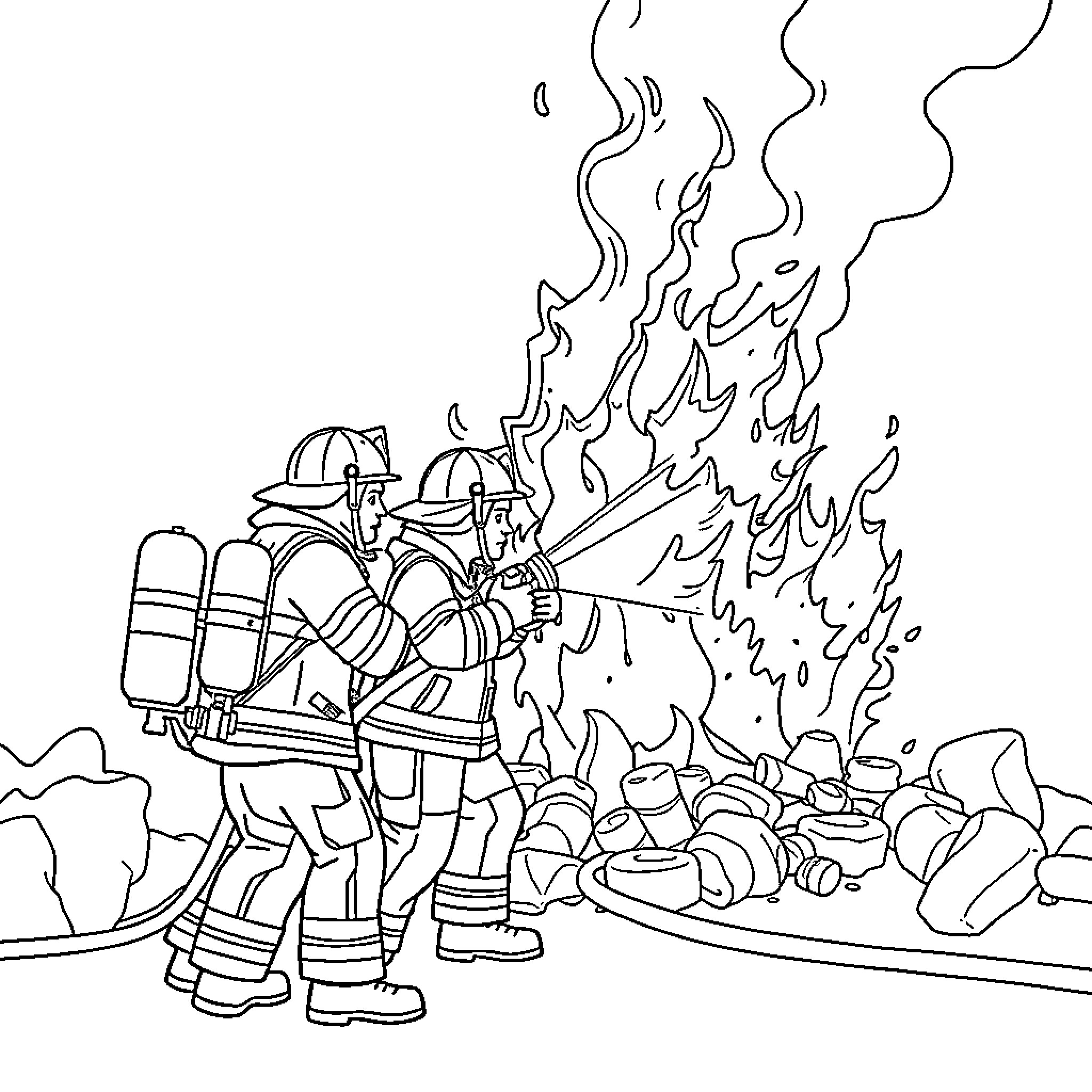 Fire Fighters Battling Intense Flames Coloring Page (free black-and-white line drawing printable PDF for all, from beginners to advanced learners, including children, teens, adults, and seniors)