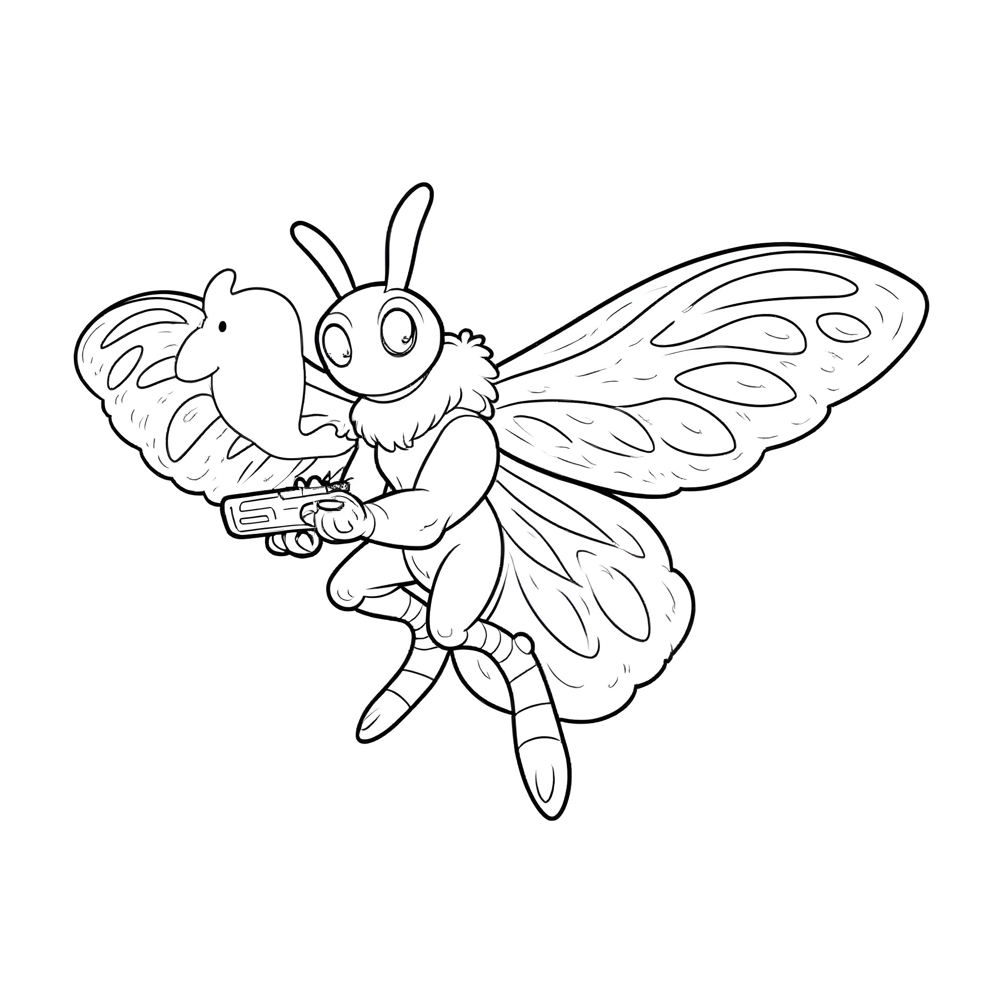 Moth Man wielding a futuristic blaster Coloring Page (free black-and-white line drawing printable PDF for all, from beginners to advanced learners, including children, teens, adults, and seniors)