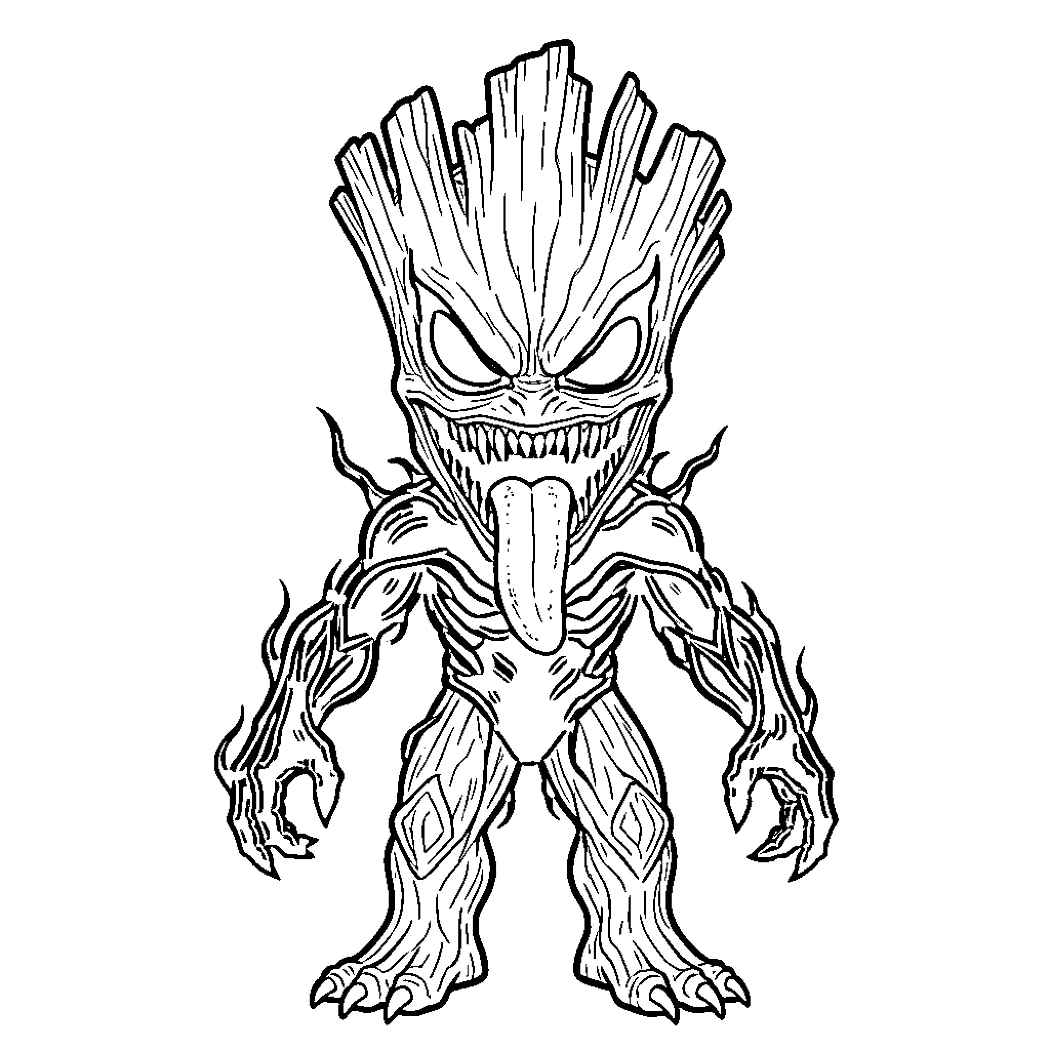 Groot Unleashing Fierce Claws in Action Coloring Page (free black-and-white line drawing printable PDF for all, from beginners to advanced learners, including children, teens, adults, and seniors)