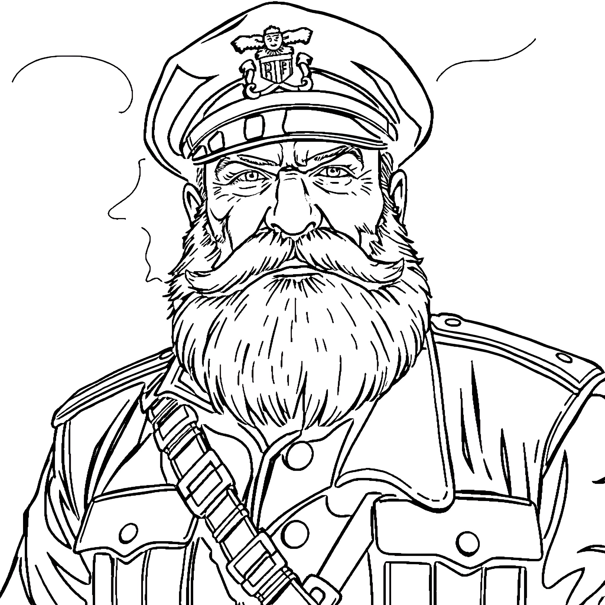Captain Price in Military Uniform and Stern Expression Coloring Page (free black-and-white line drawing printable PDF for all, from beginners to advanced learners, including children, teens, adults, and seniors)
