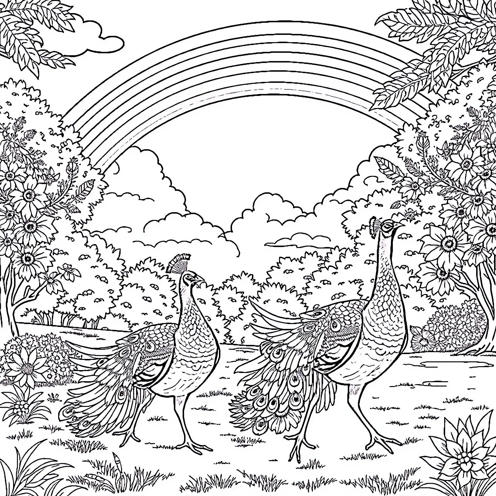 Peacocks Displaying Their Magnificent Plumage in a Lush Garden Coloring Page (free black-and-white line drawing printable PDF for all, from beginners to advanced learners, including children, teens, adults, and seniors)
