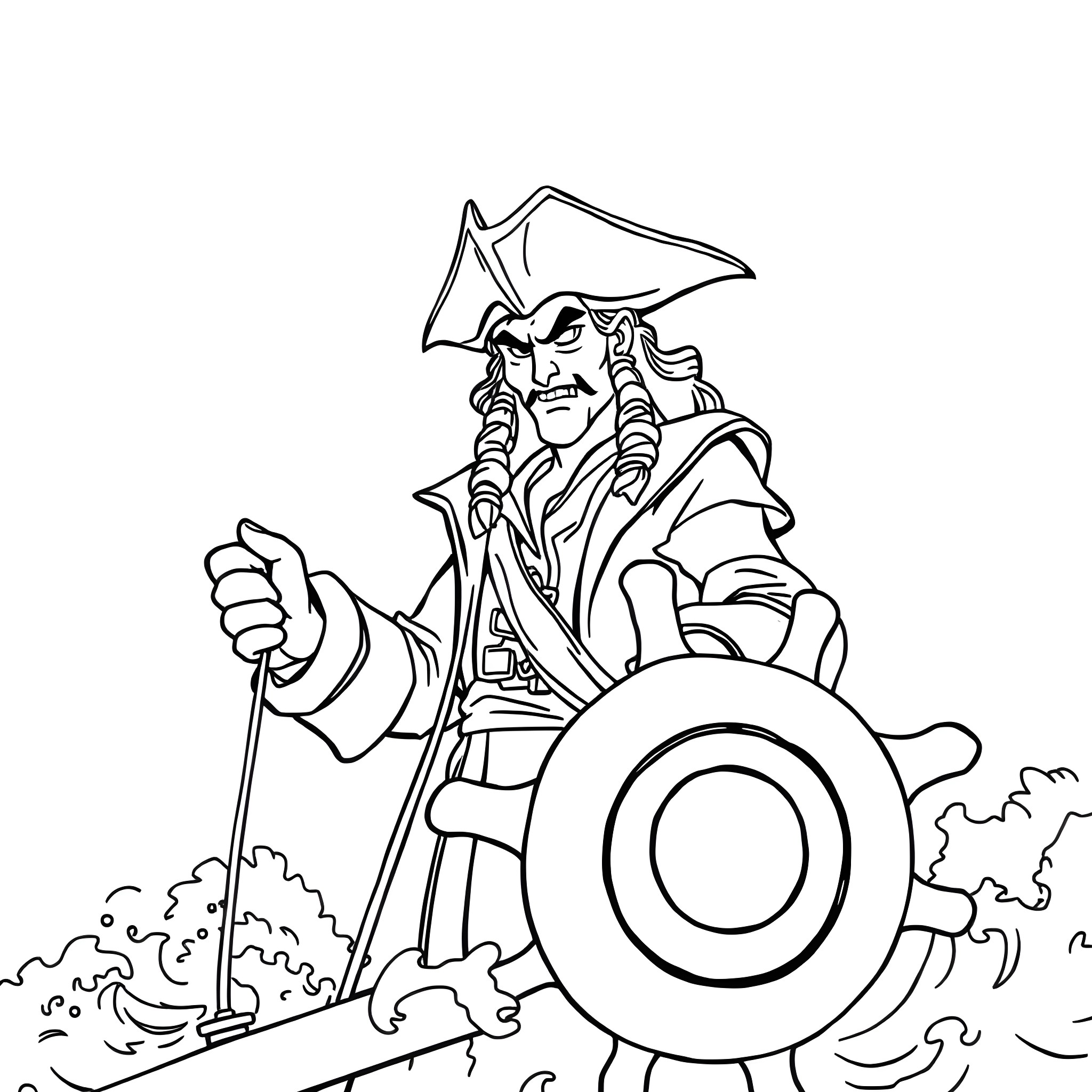 Captain Hook's Seafaring Adventures Coloring Page (free black-and-white line drawing printable PDF for all, from beginners to advanced learners, including children, teens, adults, and seniors)