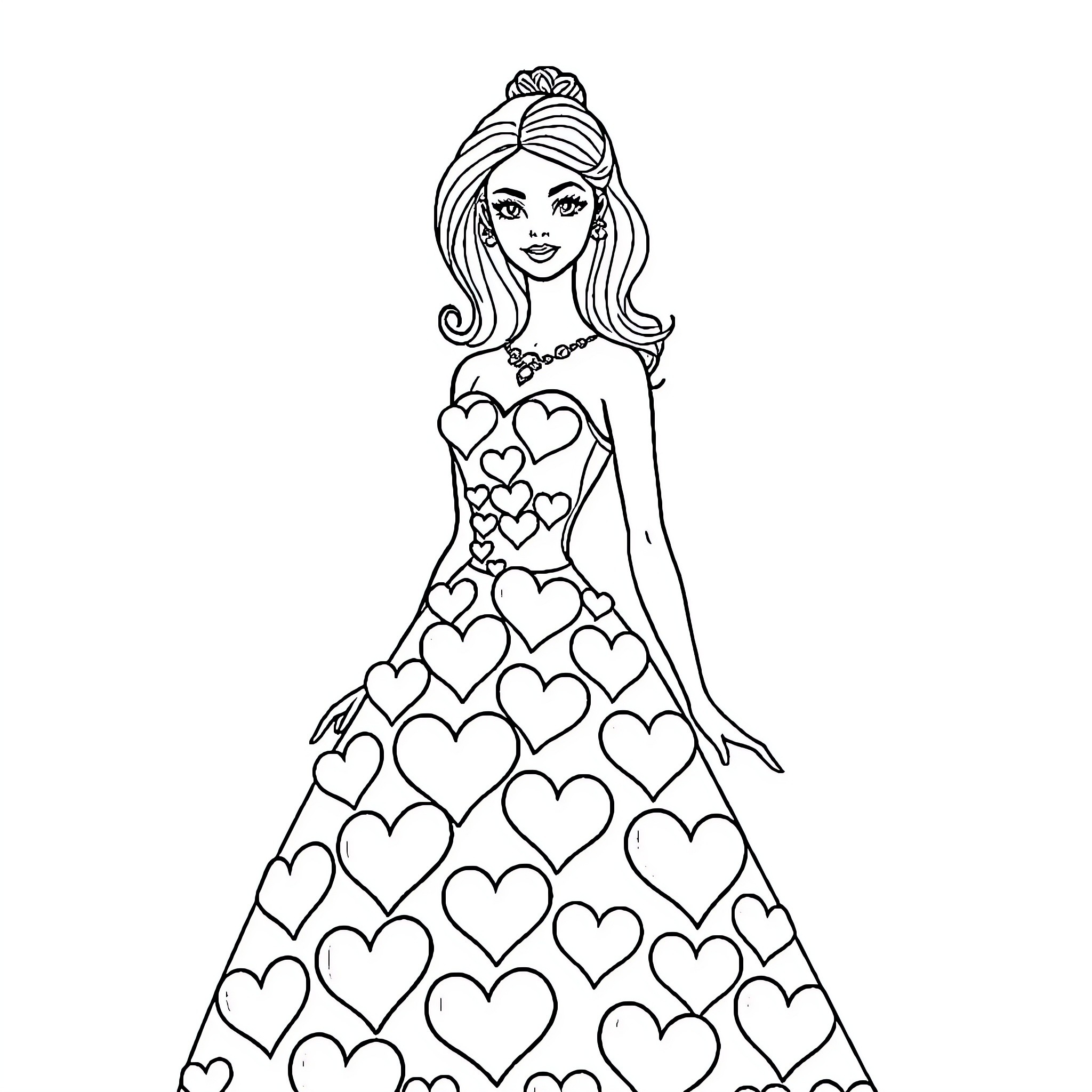 Barbie's Heart-Filled Dress and Radiant Smile Coloring Page (free black-and-white line drawing printable PDF for all, from beginners to advanced learners, including children, teens, adults, and seniors)