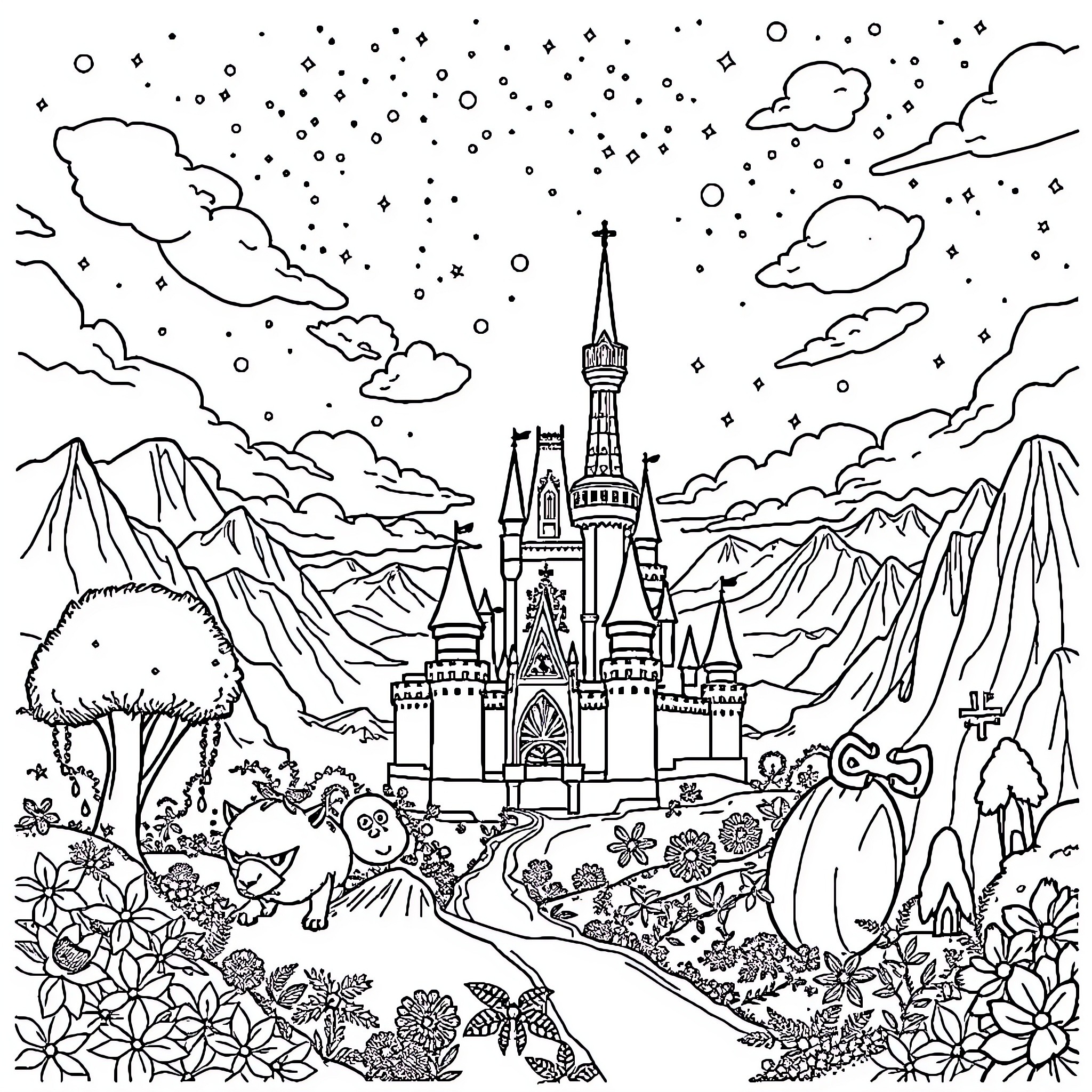 Kingdom Hearts: Magical Castle in Enchanted Landscape Coloring Page (free black-and-white line drawing printable PDF for all, from beginners to advanced learners, including children, teens, adults, and seniors)