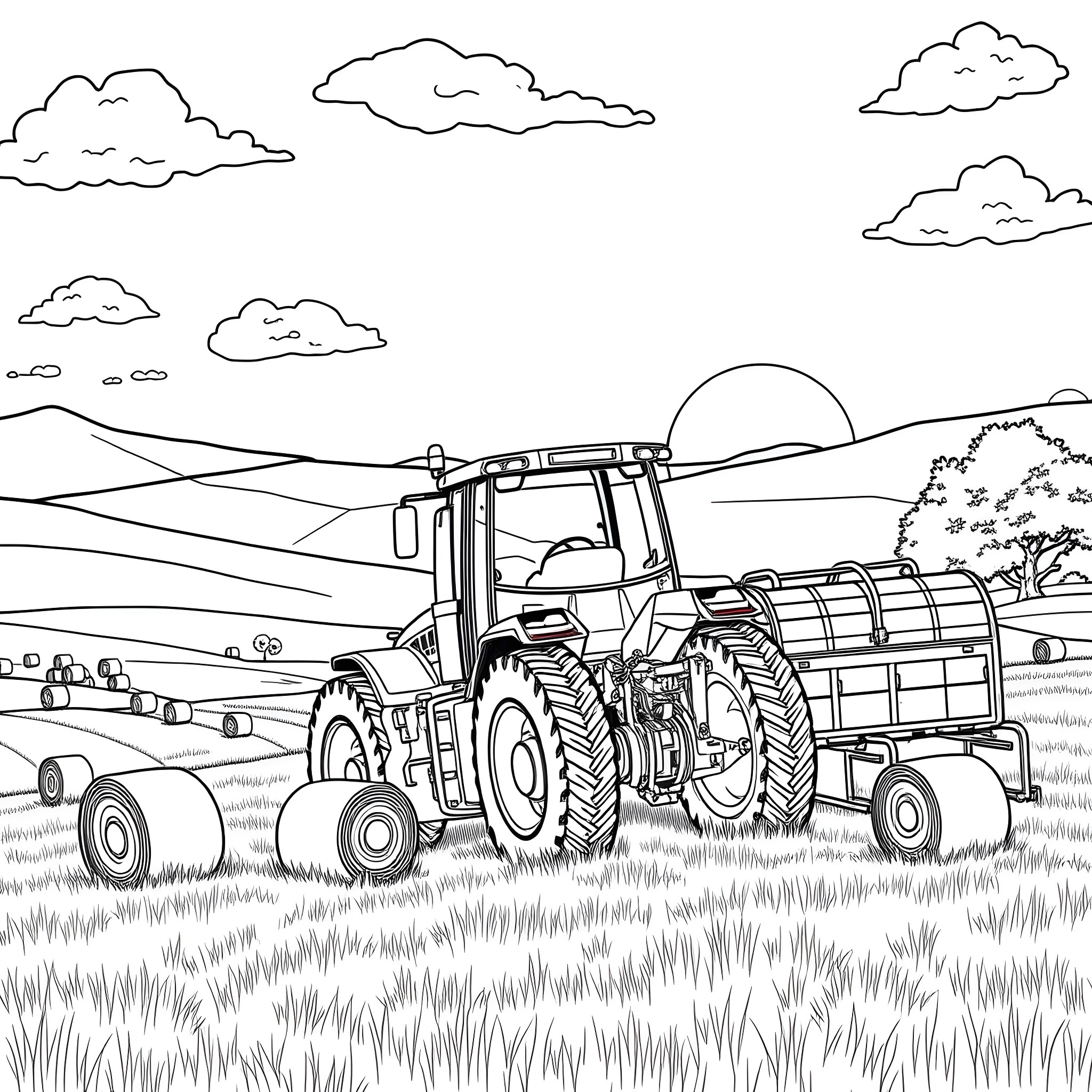 Bale Pickup of Farm Machinery in Field Coloring Page (free black-and-white line drawing printable PDF for all, from beginners to advanced learners, including children, teens, adults, and seniors)