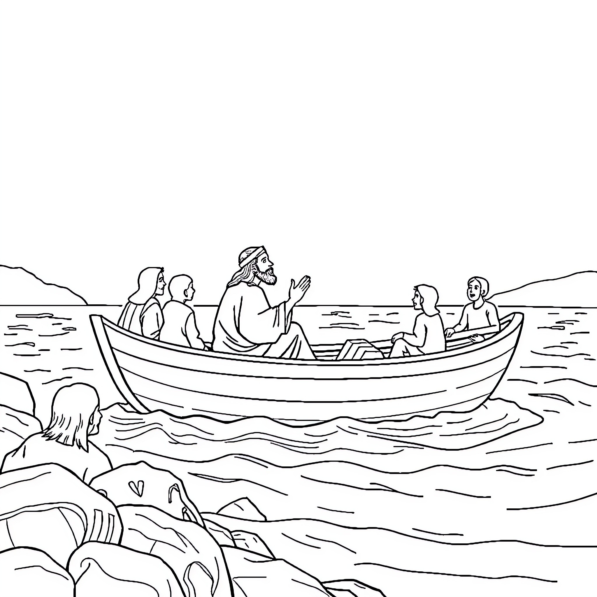 Jesus teaching disciples in a boat at sea Coloring Page (free black-and-white line drawing printable PDF for all, from beginners to advanced learners, including children, teens, adults, and seniors)