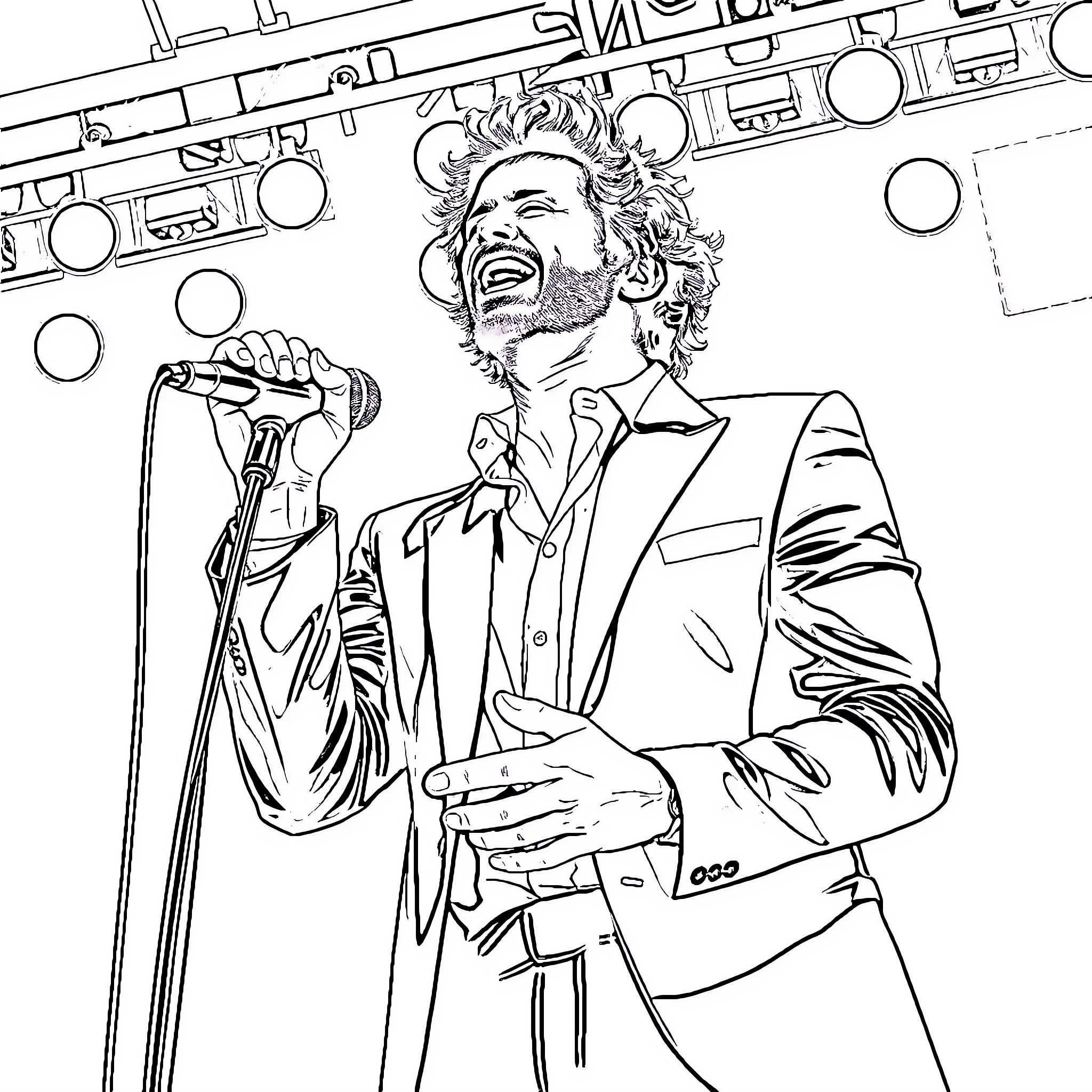 David Bisbal performing on stage with passion Coloring Page (free black-and-white line drawing printable PDF for all, from beginners to advanced learners, including children, teens, adults, and seniors)