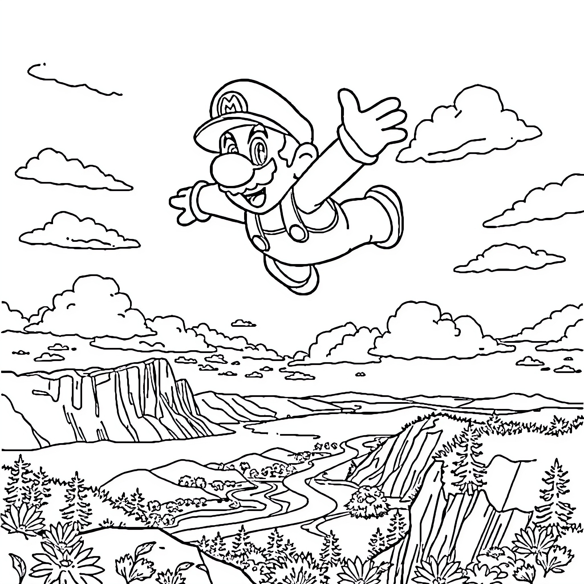 Super Mario Jumping Through the Clouds Coloring Page (free black-and-white line drawing printable PDF for all, from beginners to advanced learners, including children, teens, adults, and seniors)