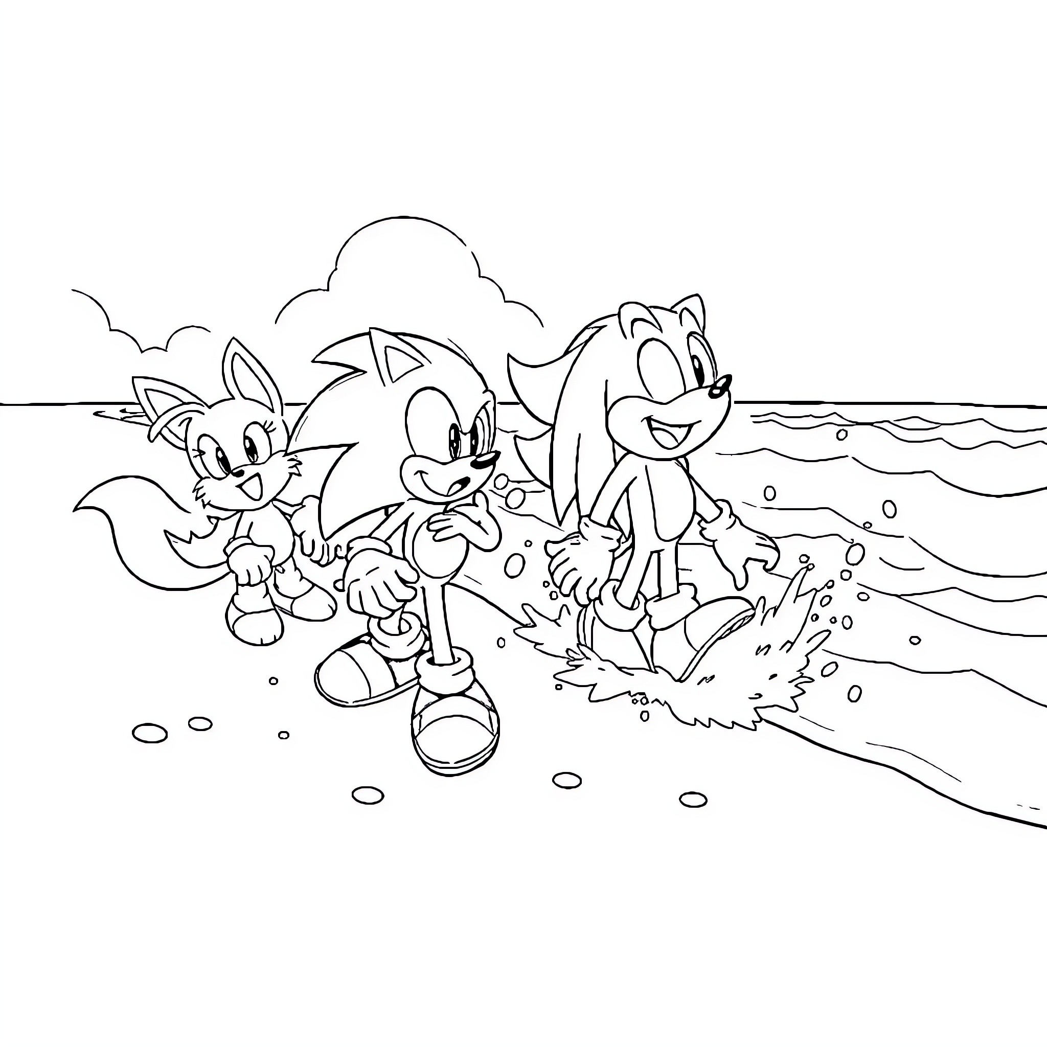Sonic and friends enjoying a day at the beach Coloring Page (free black-and-white line drawing printable PDF for all, from beginners to advanced learners, including children, teens, adults, and seniors)