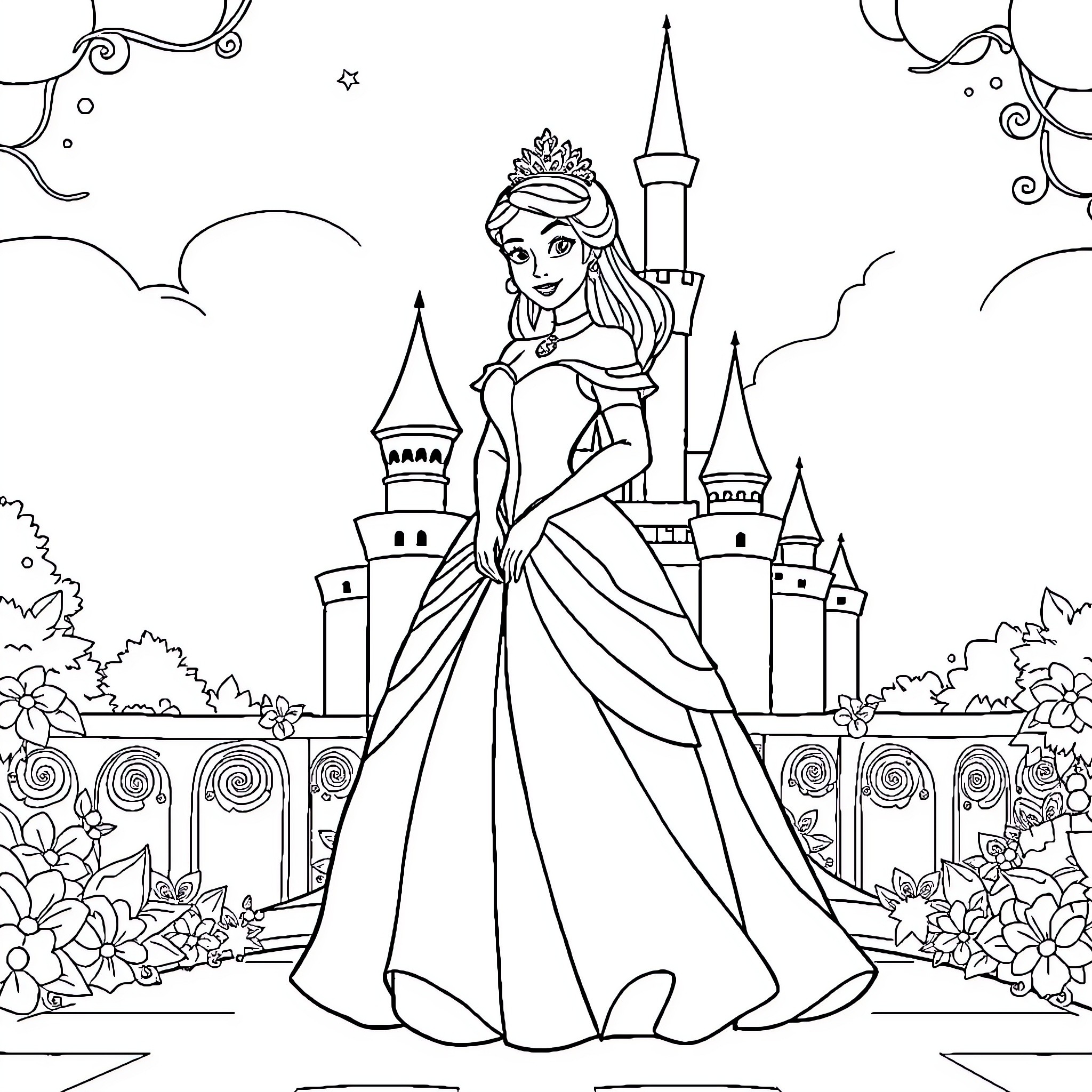 Disney Princess in Elegant Dress Standing Before Castle Coloring Page (free black-and-white line drawing printable PDF for all, from beginners to advanced learners, including children, teens, adults, and seniors)