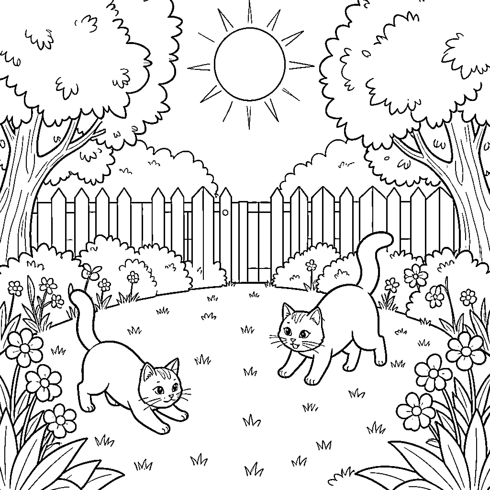 Cats playing in a garden landscape Coloring Page (free black-and-white line drawing printable PDF for all, from beginners to advanced learners, including children, teens, adults, and seniors)