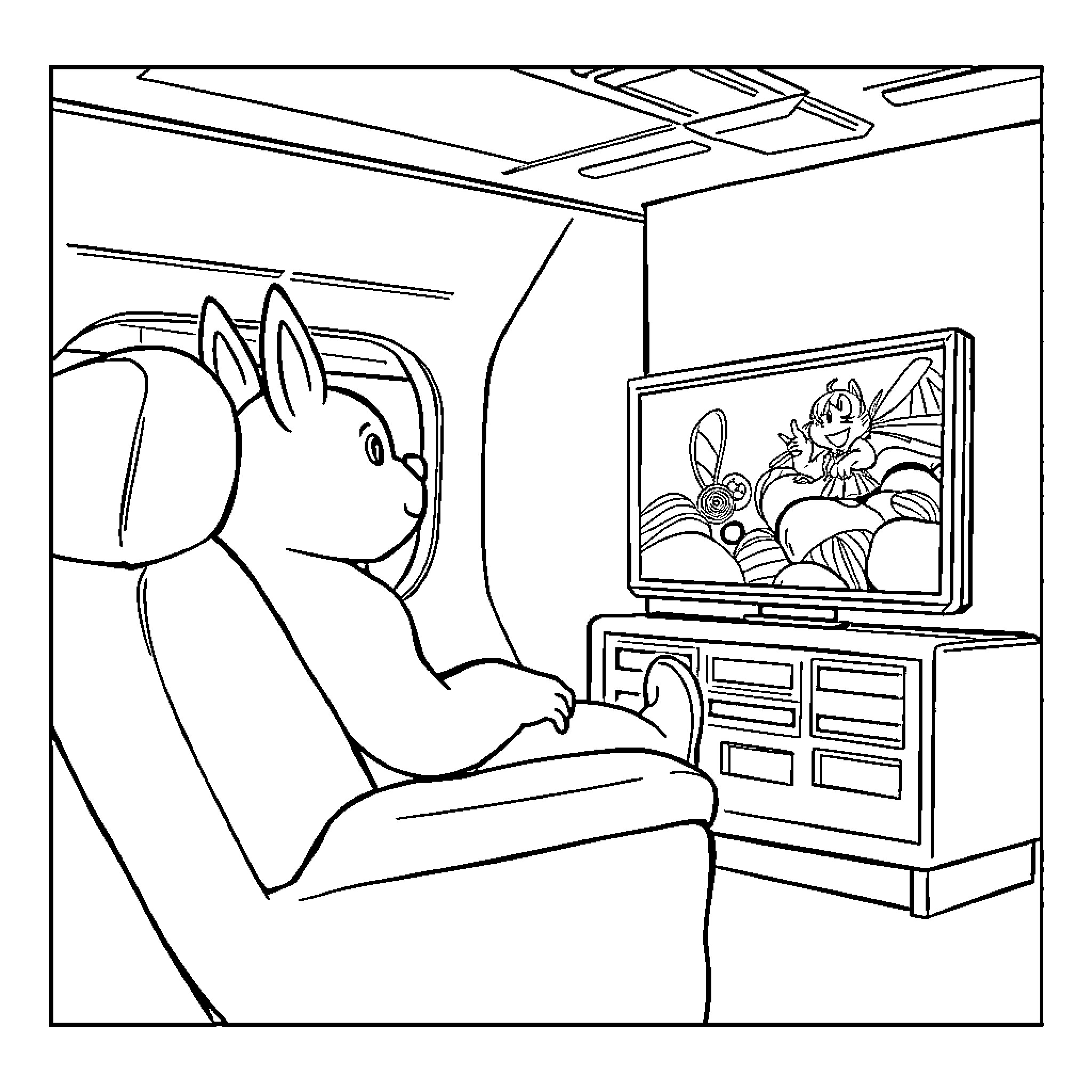Rubben watching an animated show on television Coloring Page (free black-and-white line drawing printable PDF for all, from beginners to advanced learners, including children, teens, adults, and seniors)