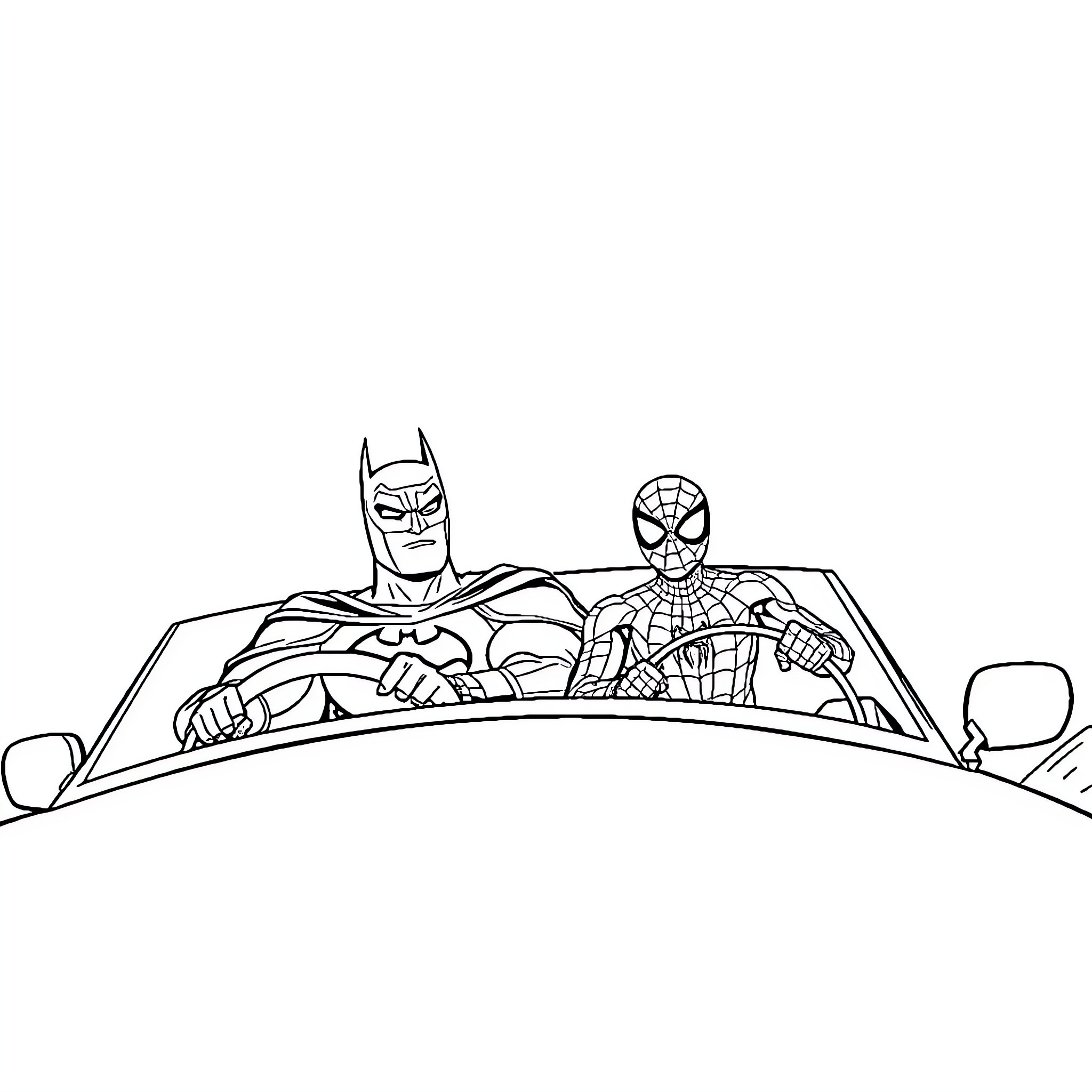 Batman and Spiderman on a car adventure Coloring Page (free black-and-white line drawing printable PDF for all, from beginners to advanced learners, including children, teens, adults, and seniors)
