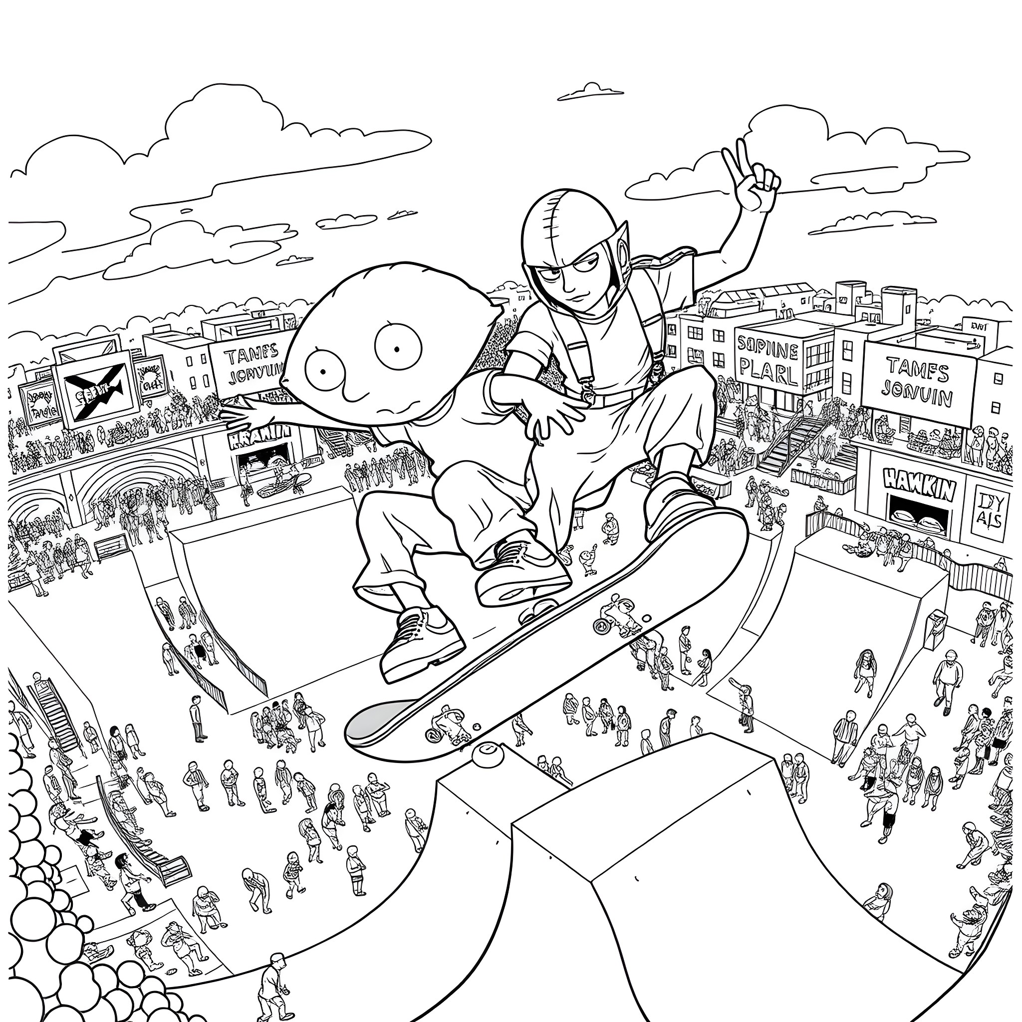 Stewie Griffin embarking on a skateboarding adventure through the city Coloring Page (free black-and-white line drawing printable PDF for all, from beginners to advanced learners, including children, teens, adults, and seniors)