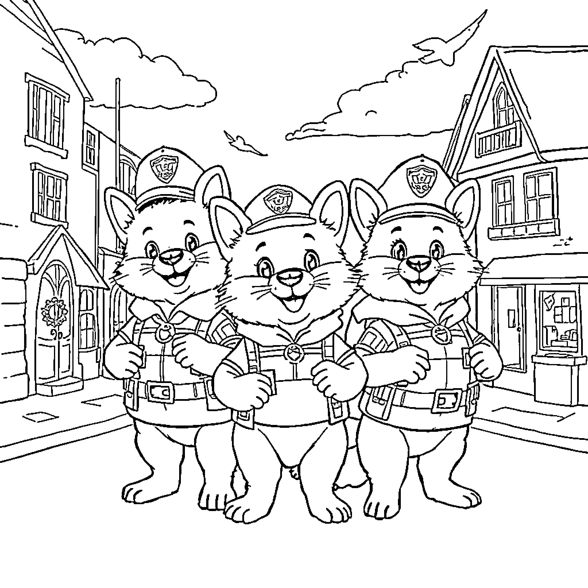 Paw Patrol Rescue Team Working Together Coloring Page (free black-and-white line drawing printable PDF for all, from beginners to advanced learners, including children, teens, adults, and seniors)