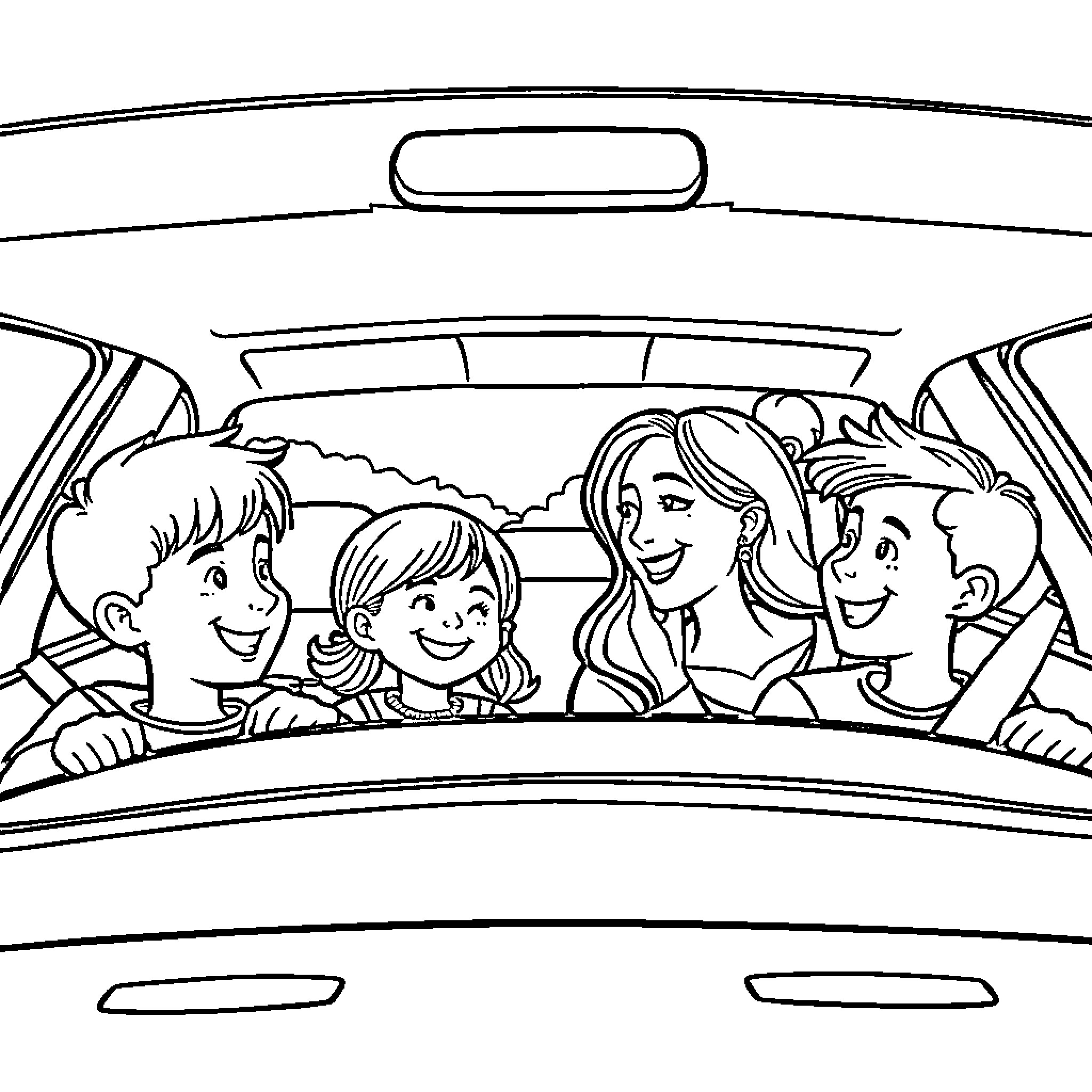 Family enjoying a car ride together Coloring Page (free black-and-white line drawing printable PDF for all, from beginners to advanced learners, including children, teens, adults, and seniors)