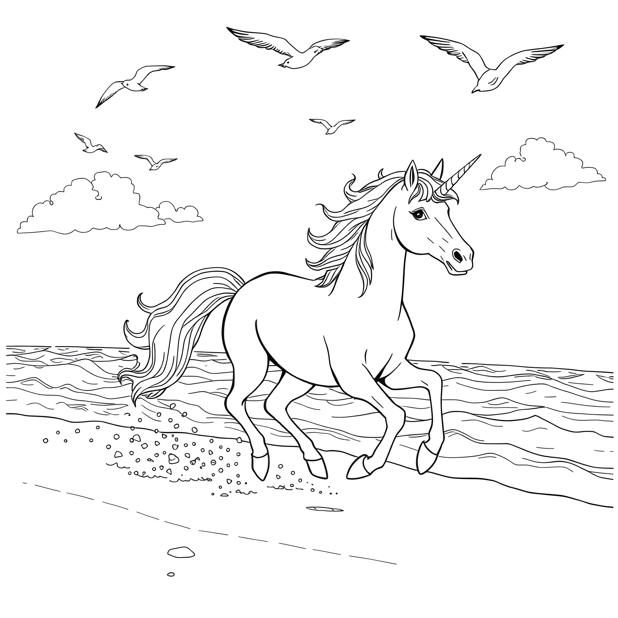 Unicorn running freely by the beach Coloring Page (free black-and-white line drawing printable PDF for all, from beginners to advanced learners, including children, teens, adults, and seniors)