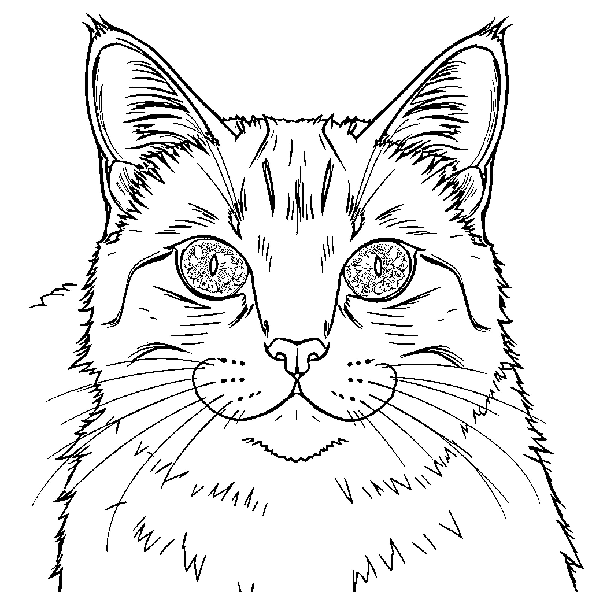Catseye Watchful Feline Stare Coloring Page (free black-and-white line drawing printable PDF for all, from beginners to advanced learners, including children, teens, adults, and seniors)
