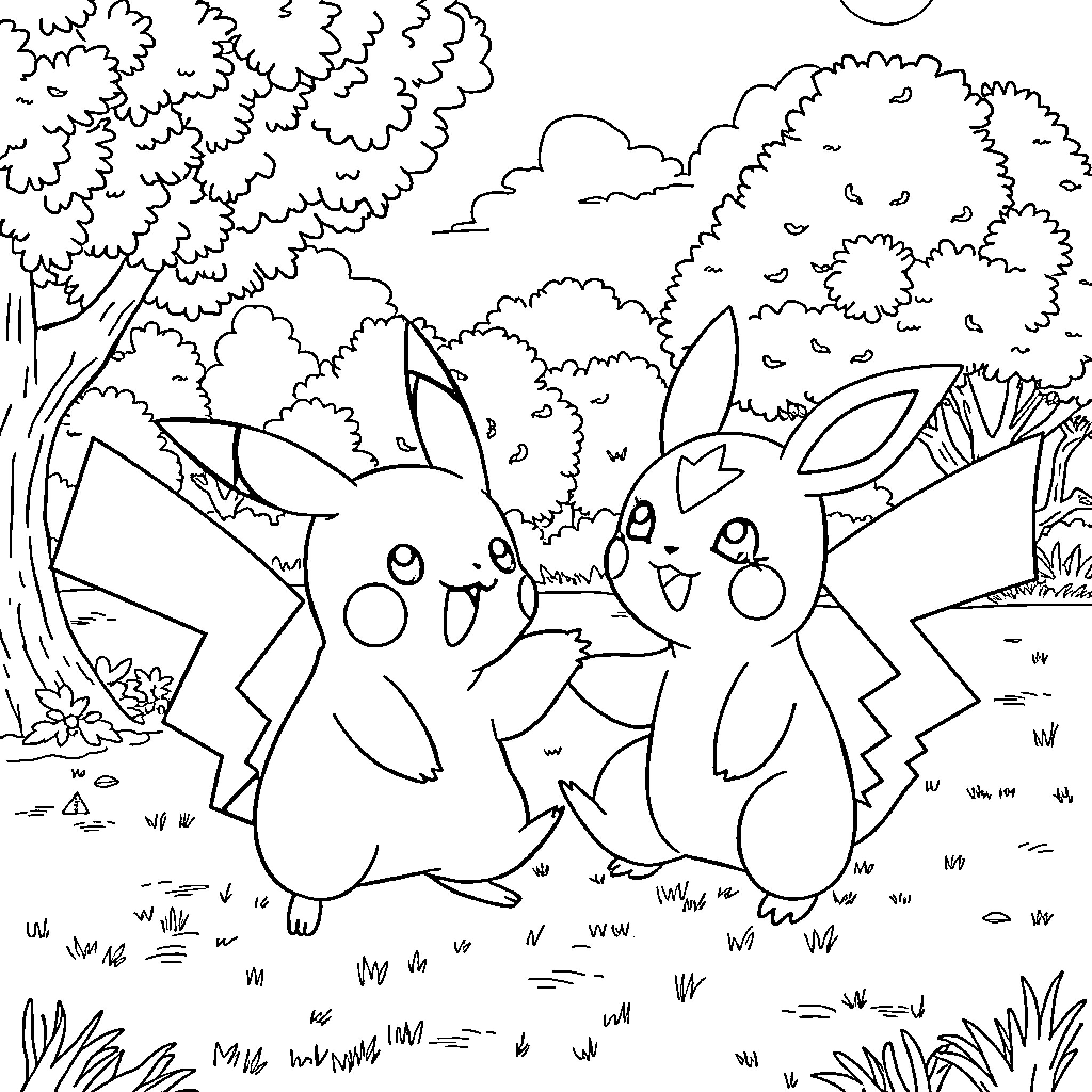 Pikachu and friends explore the enchanted forest Coloring Page (free black-and-white line drawing printable PDF for all, from beginners to advanced learners, including children, teens, adults, and seniors)