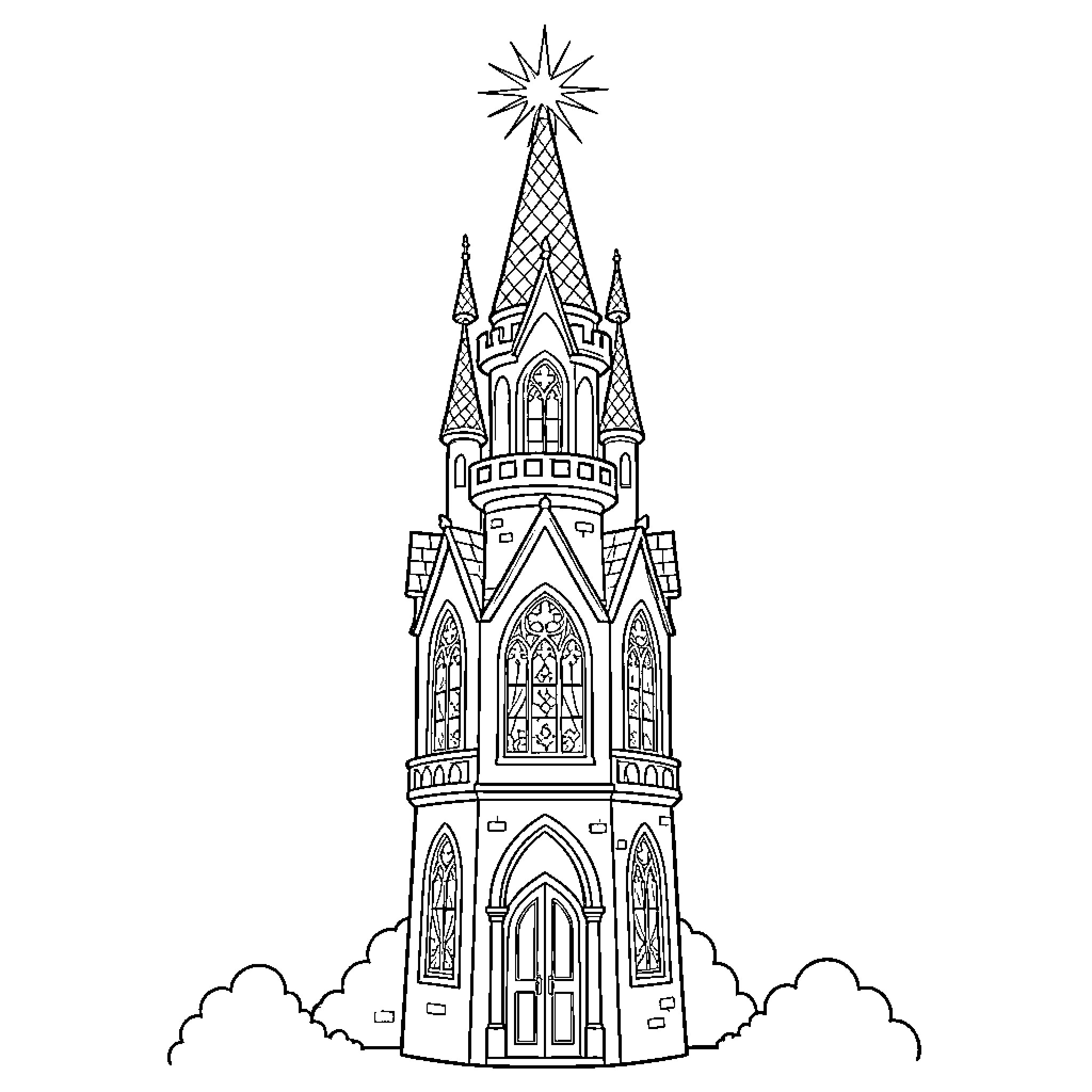 Princess living in a tall enchanted castle tower Coloring Page (free black-and-white line drawing printable PDF for all, from beginners to advanced learners, including children, teens, adults, and seniors)