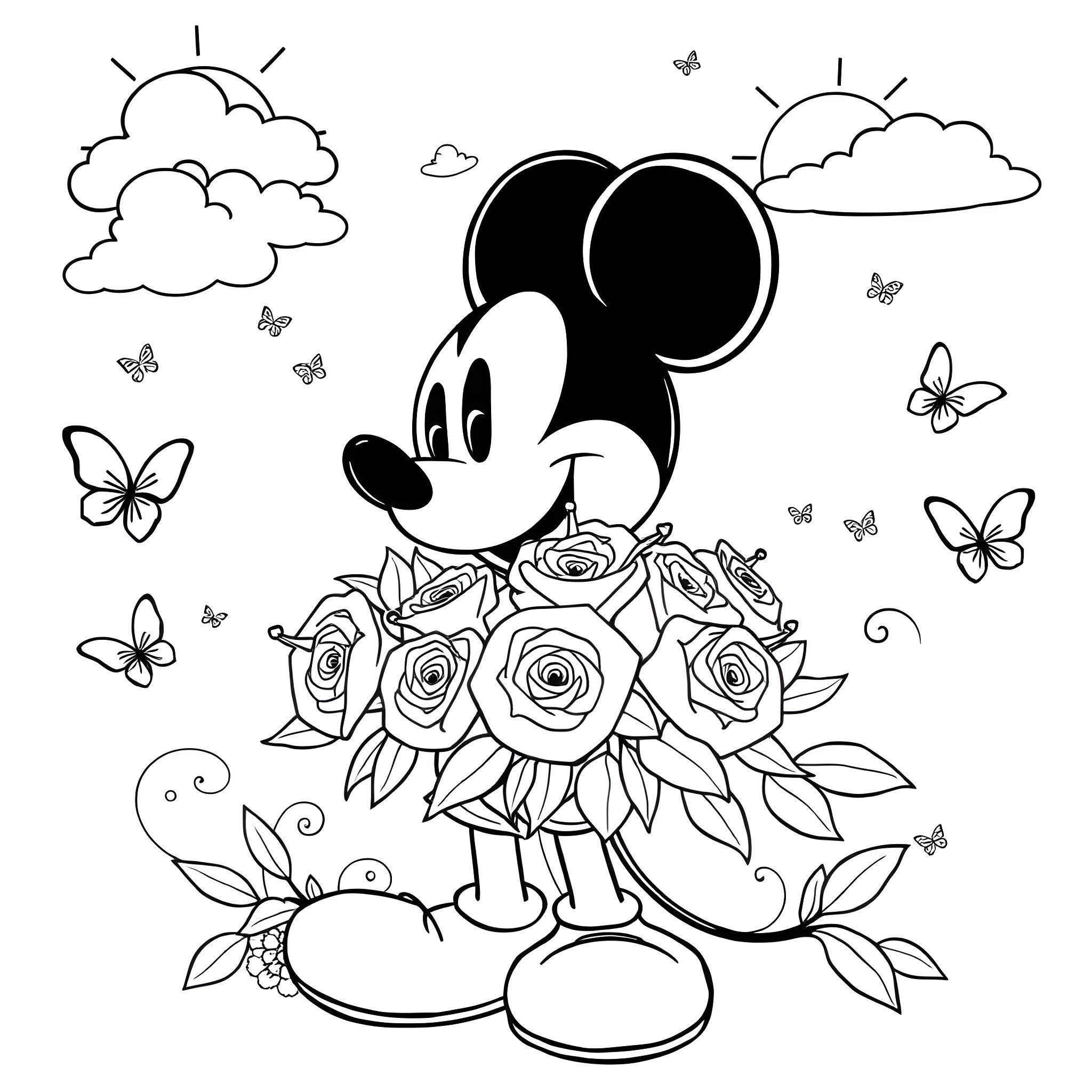 Mickey Mouse holding a bouquet of roses in the park Coloring Page (free black-and-white line drawing printable PDF for all, from beginners to advanced learners, including children, teens, adults, and seniors)