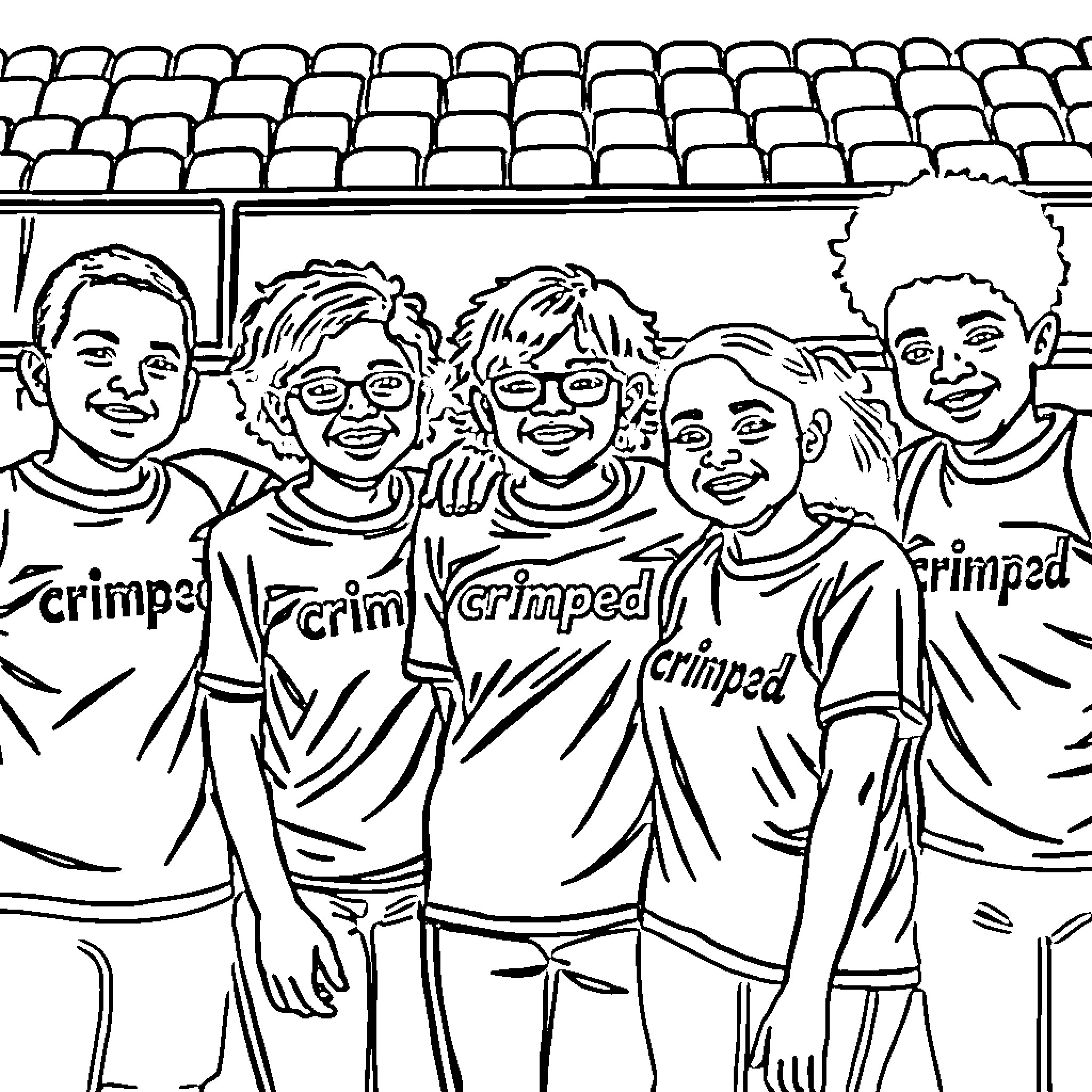 Olympics Group Celebration in Stadium Seating Coloring Page (free black-and-white line drawing printable PDF for all, from beginners to advanced learners, including children, teens, adults, and seniors)