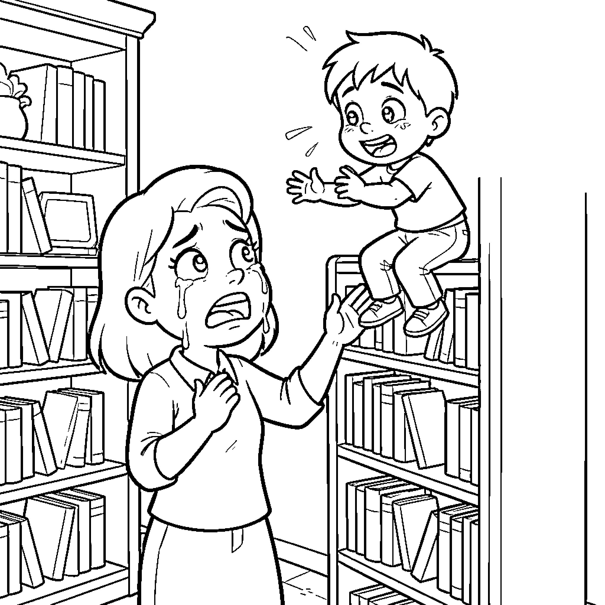 Cartoon Character boy jumping off bookshelf while woman cries Coloring Page (free black-and-white line drawing printable PDF for all, from beginners to advanced learners, including children, teens, adults, and seniors)