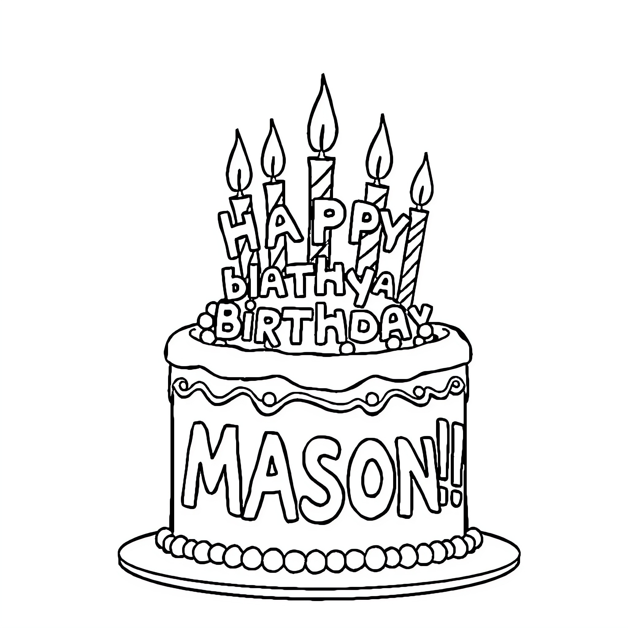 Birthday Cake with Candles for Mason Coloring Page (free black-and-white line drawing printable PDF for all, from beginners to advanced learners, including children, teens, adults, and seniors)