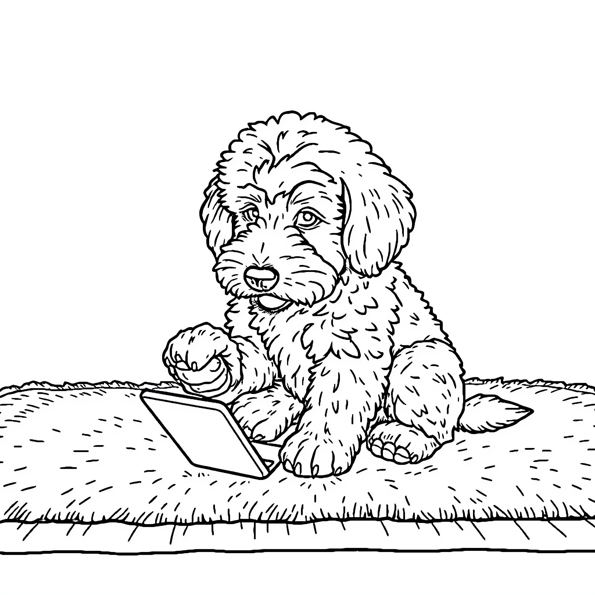 Labradoodle using a tablet device on the grass Coloring Page (free black-and-white line drawing printable PDF for all, from beginners to advanced learners, including children, teens, adults, and seniors)