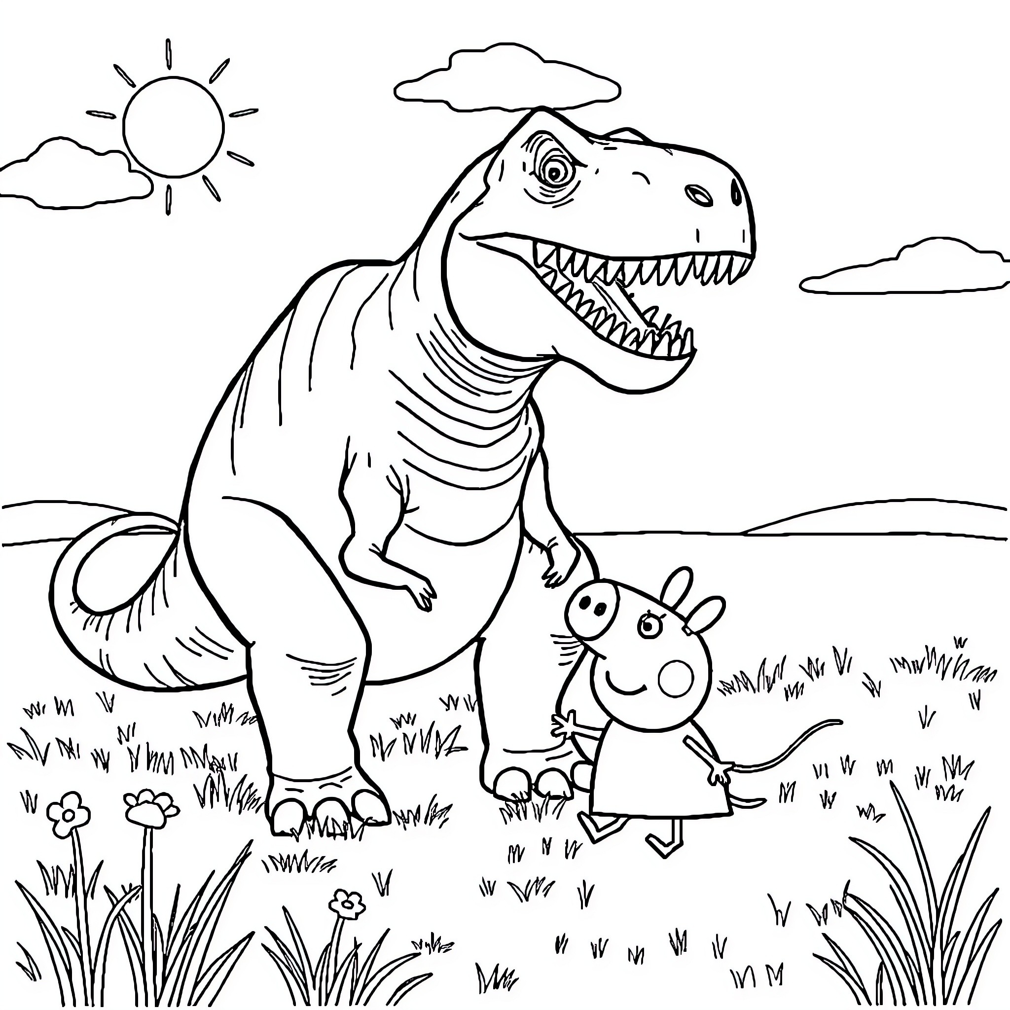 T-Rex and Mouse Exploring the Landscape Coloring Page (free black-and-white line drawing printable PDF for all, from beginners to advanced learners, including children, teens, adults, and seniors)