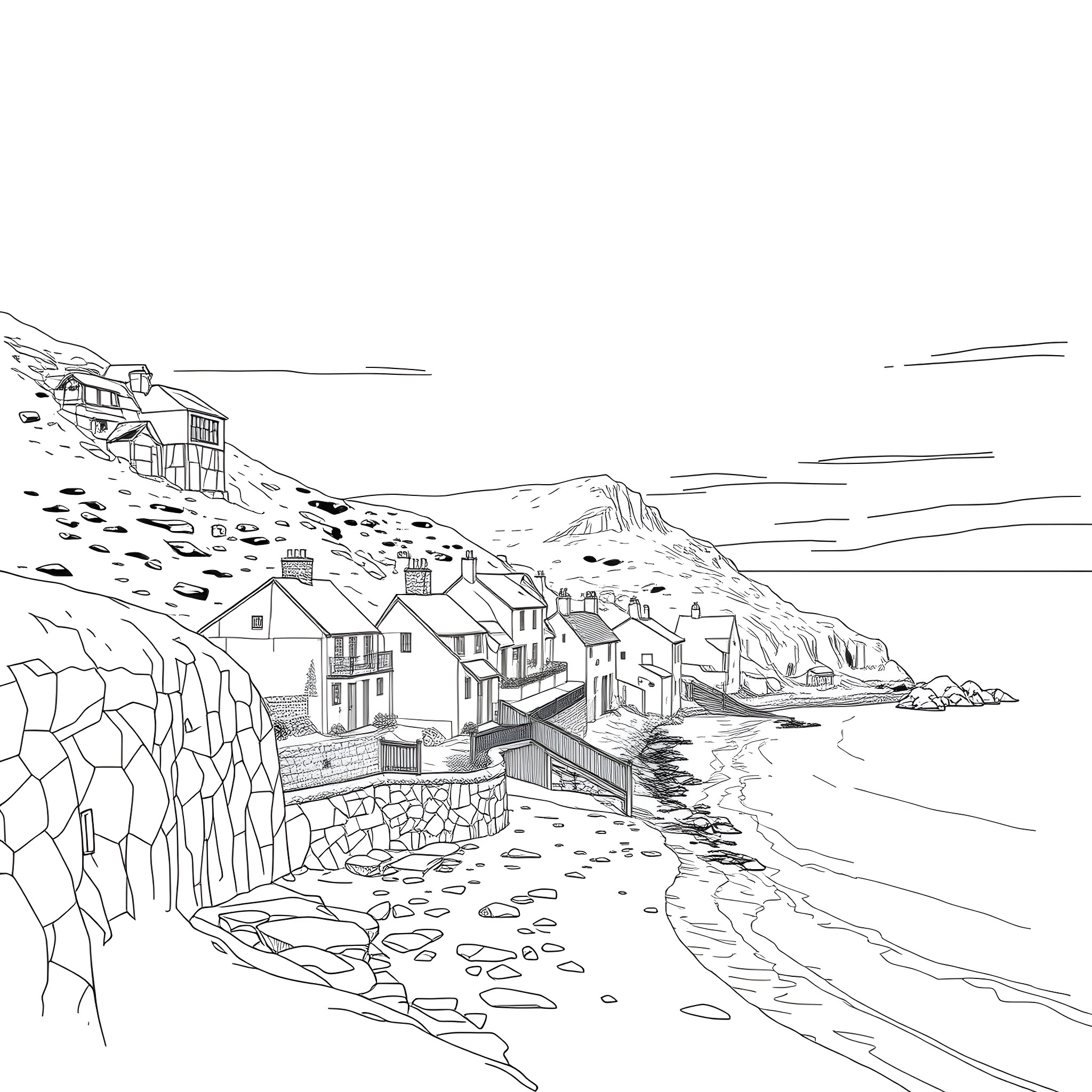 Haroldswick coastal village scene with buildings and cliffs Coloring Page (free black-and-white line drawing printable PDF for all, from beginners to advanced learners, including children, teens, adults, and seniors)