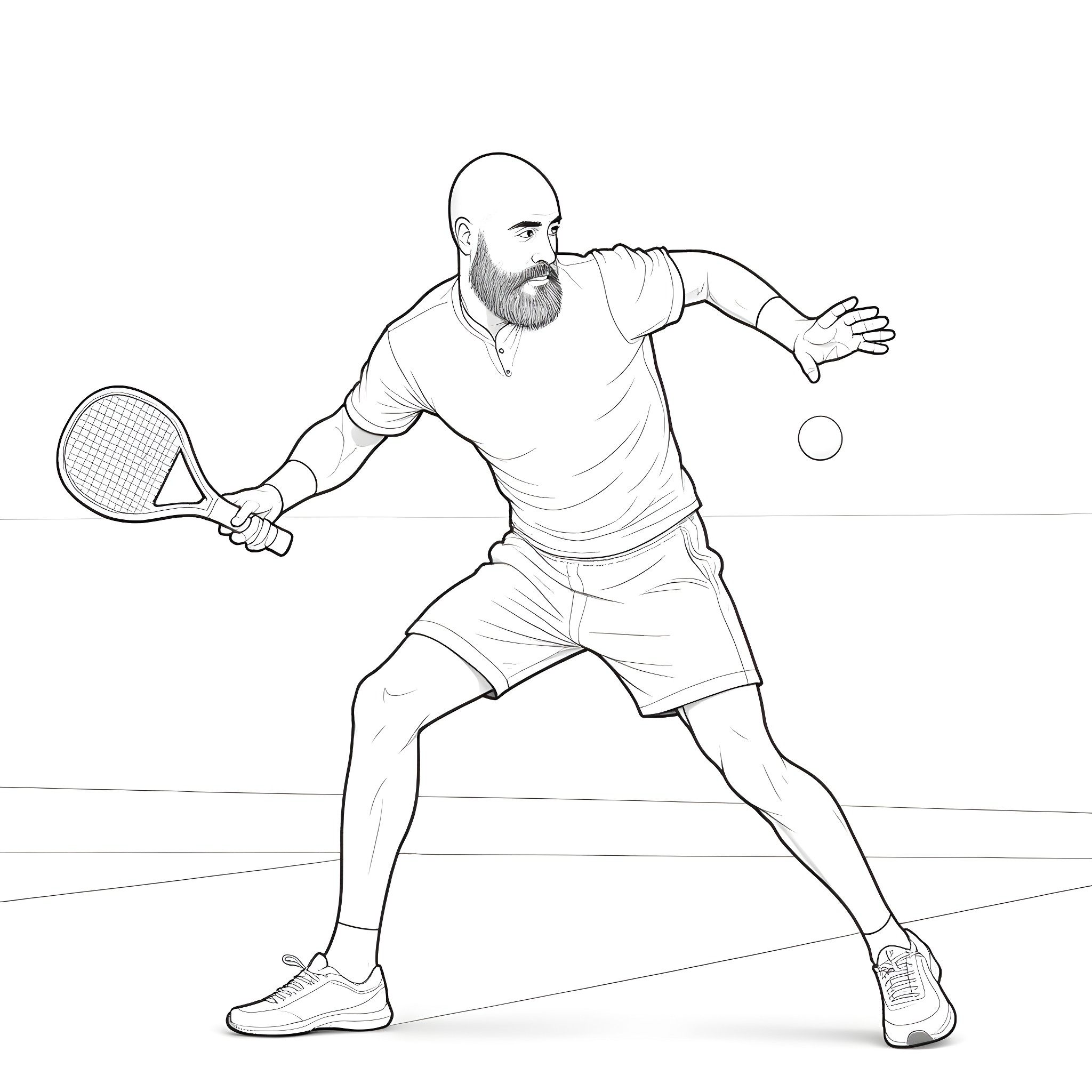 Bald Guy Playing Tennis Enthusiastically Coloring Page (free black-and-white line drawing printable PDF for all, from beginners to advanced learners, including children, teens, adults, and seniors)