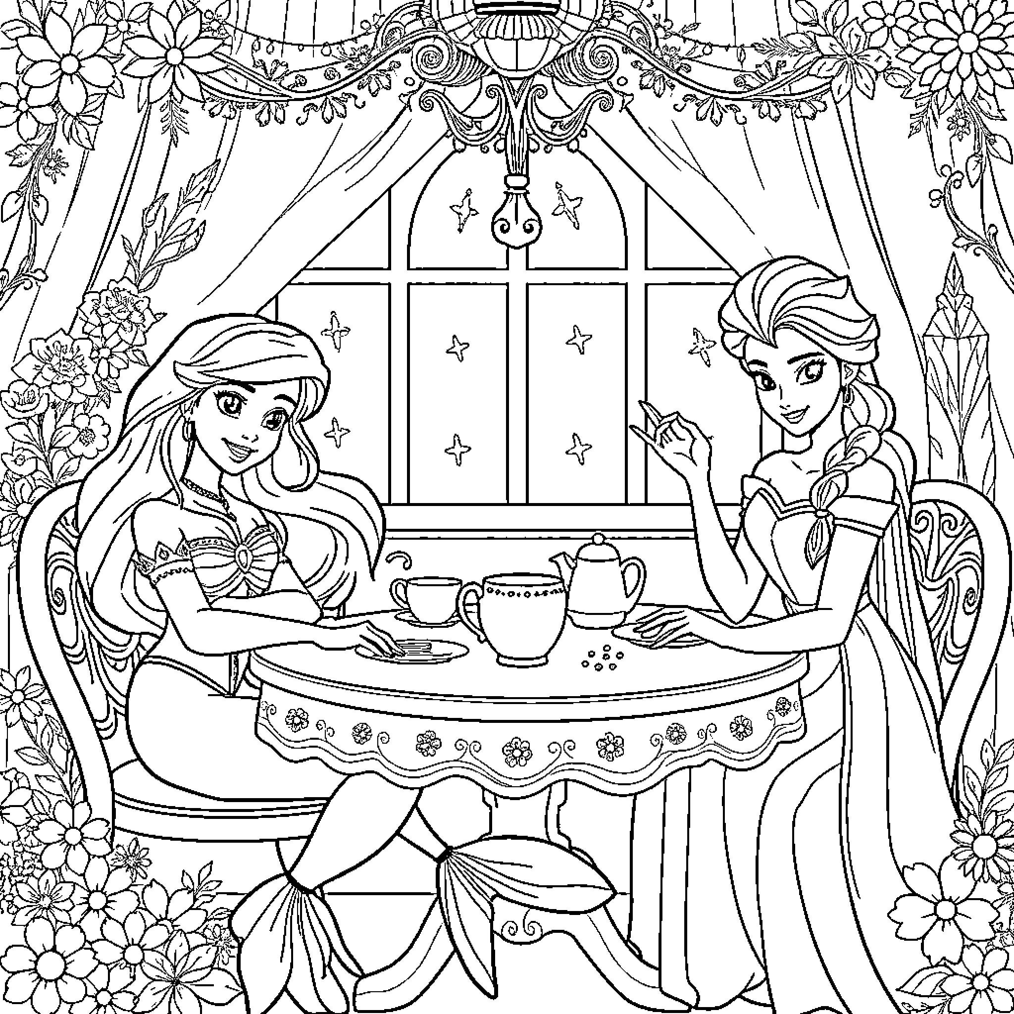 Mermaid friends having a tea party in a whimsical garden Coloring Page (free black-and-white line drawing printable PDF for all, from beginners to advanced learners, including children, teens, adults, and seniors)