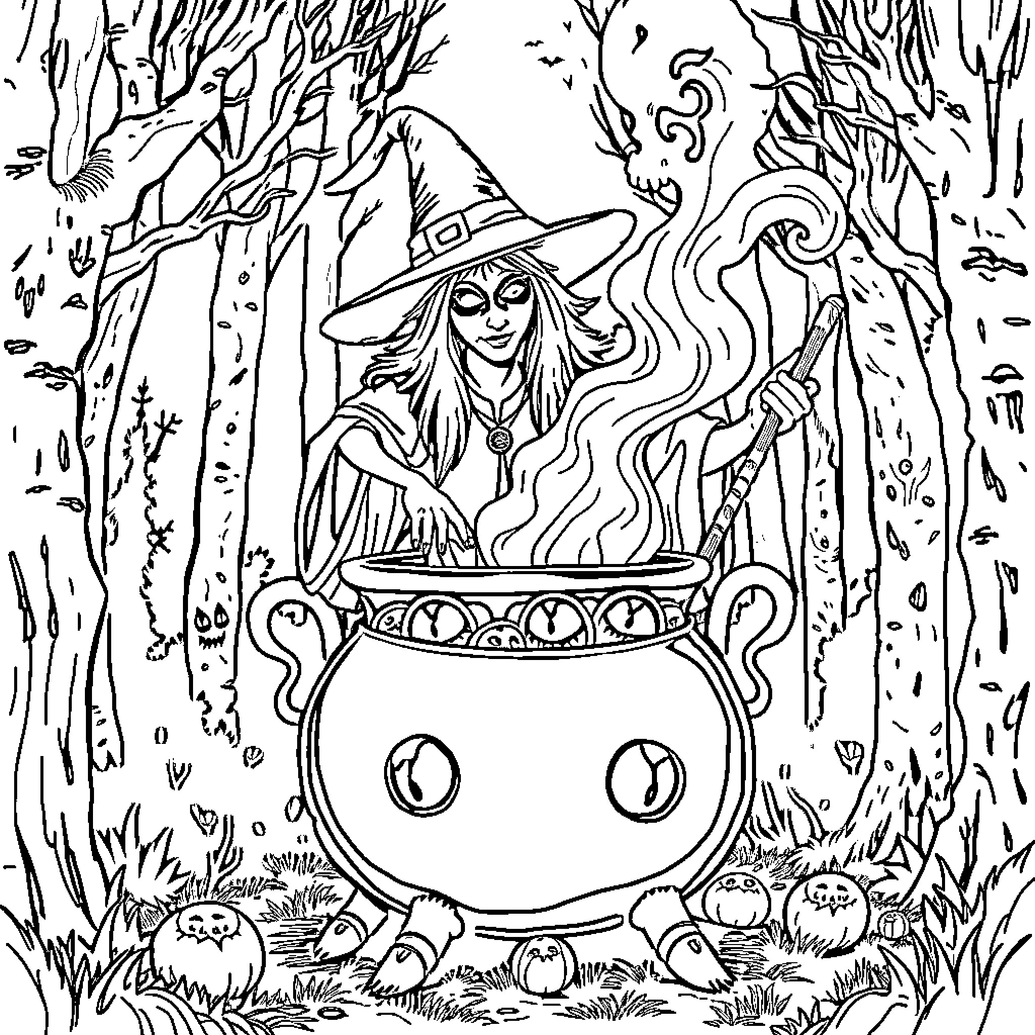 Witch stirring cauldron in spooky forest Coloring Page (free black-and-white line drawing printable PDF for all, from beginners to advanced learners, including children, teens, adults, and seniors)