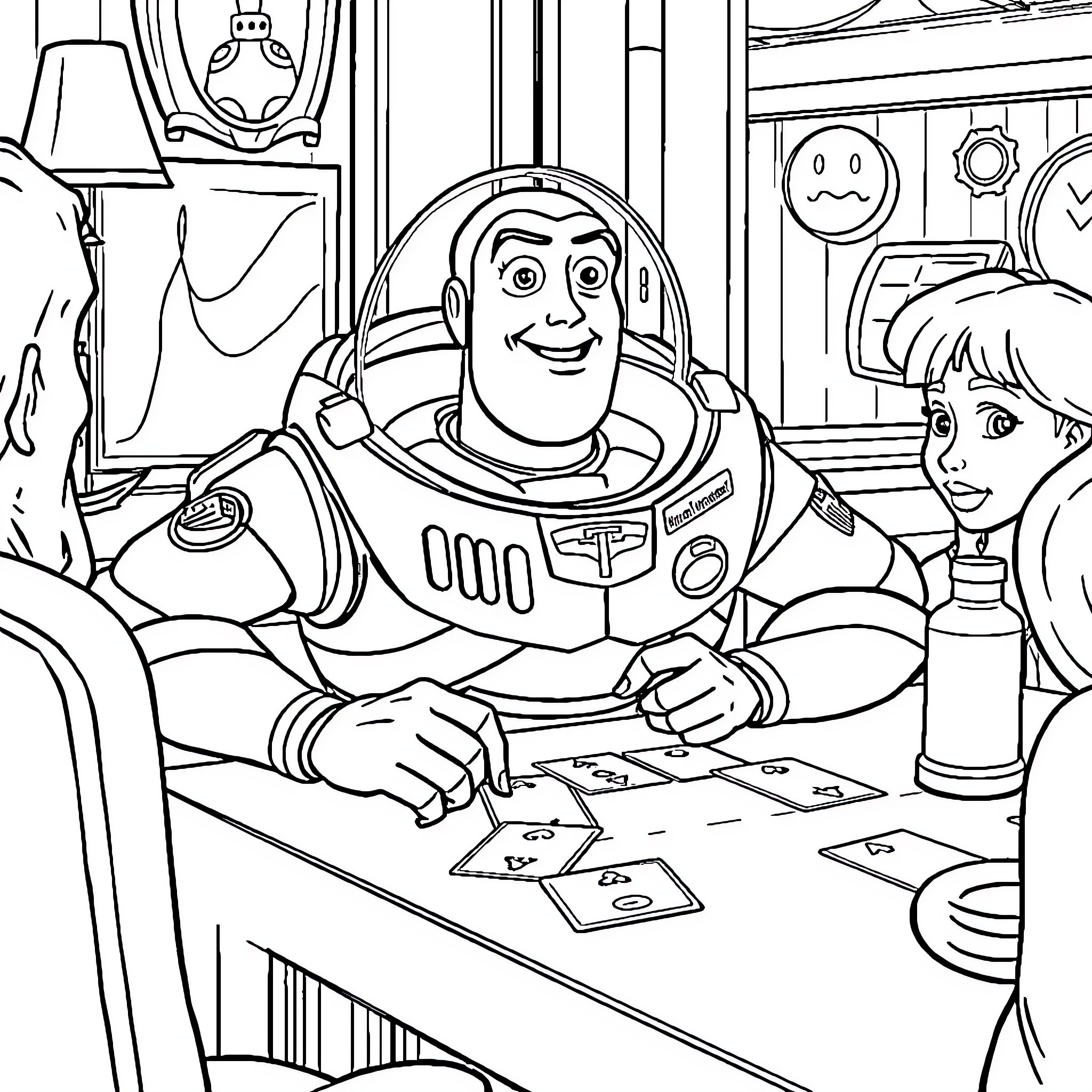 Buzz Lightyear playing with toys in the spaceship Coloring Page (free black-and-white line drawing printable PDF for all, from beginners to advanced learners, including children, teens, adults, and seniors)