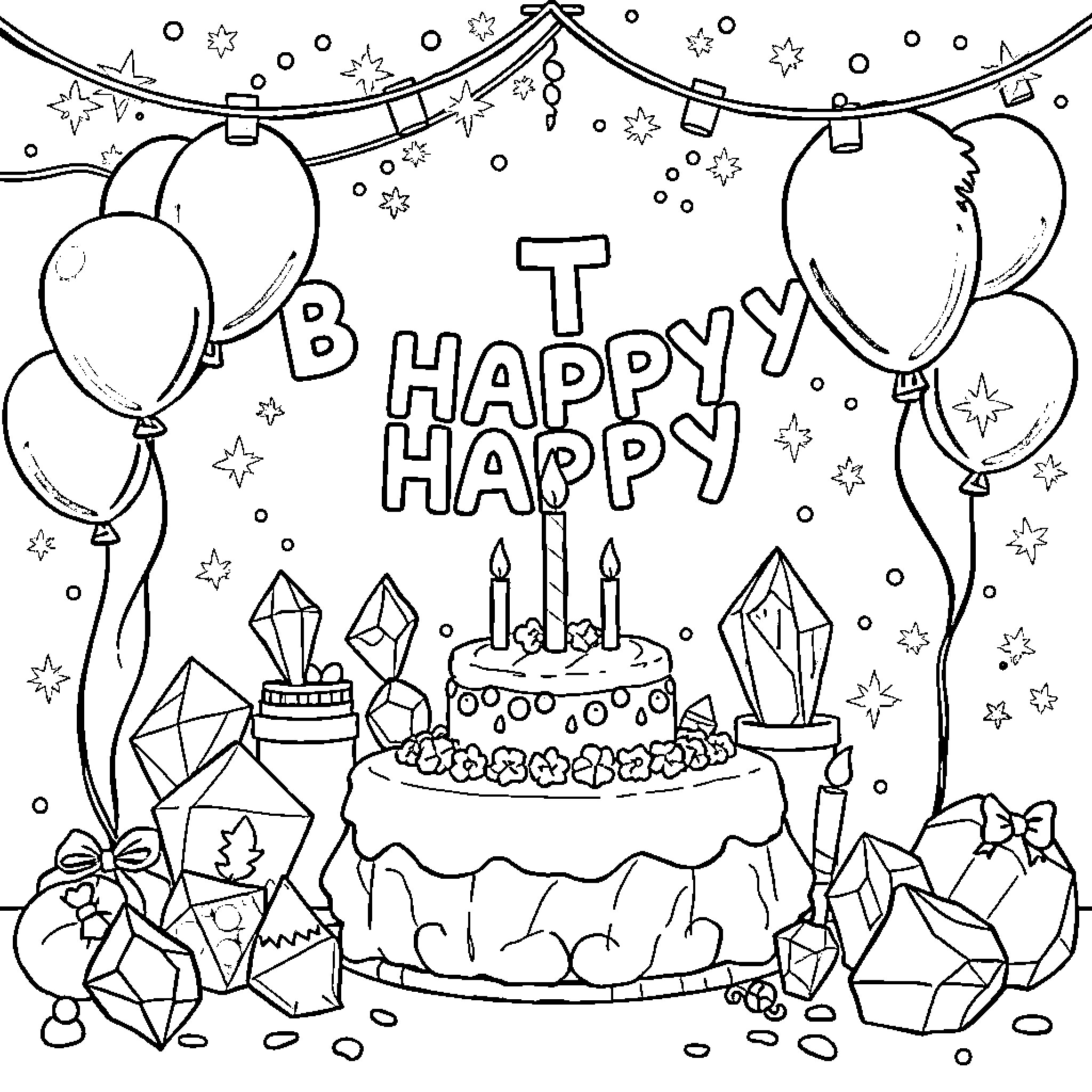 Gem Happy Birthday Celebration with Balloons Coloring Page (free black-and-white line drawing printable PDF for all, from beginners to advanced learners, including children, teens, adults, and seniors)