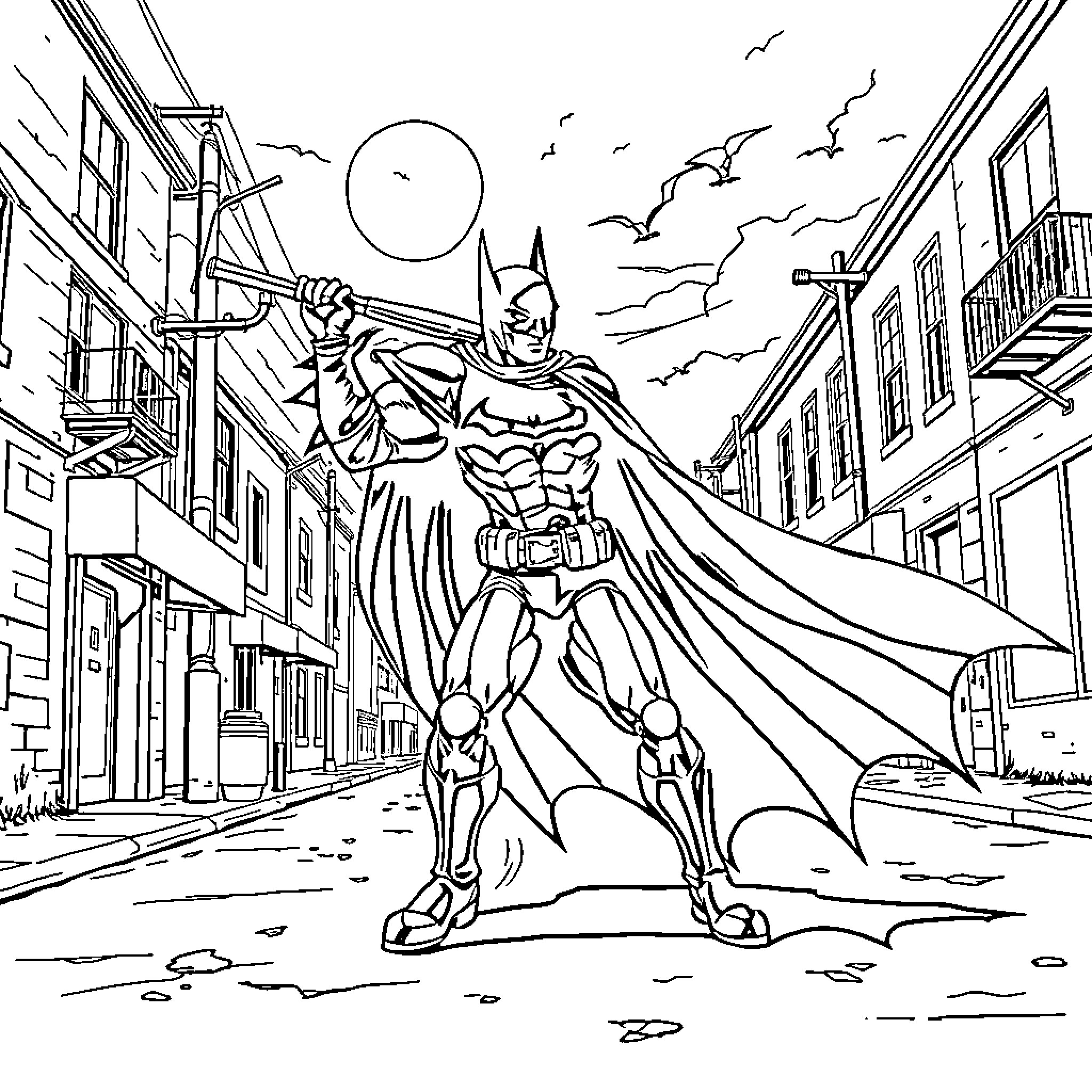 Batman Heroically Patrolling the City Streets Coloring Page (free black-and-white line drawing printable PDF for all, from beginners to advanced learners, including children, teens, adults, and seniors)