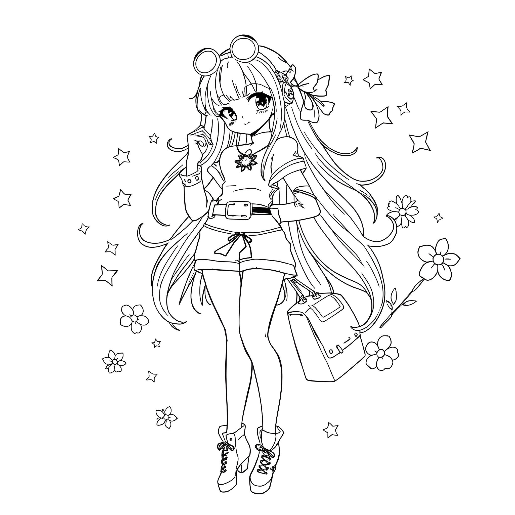 Girl with long hair posing in a flowery scene Coloring Page (free black-and-white line drawing printable PDF for all, from beginners to advanced learners, including children, teens, adults, and seniors)